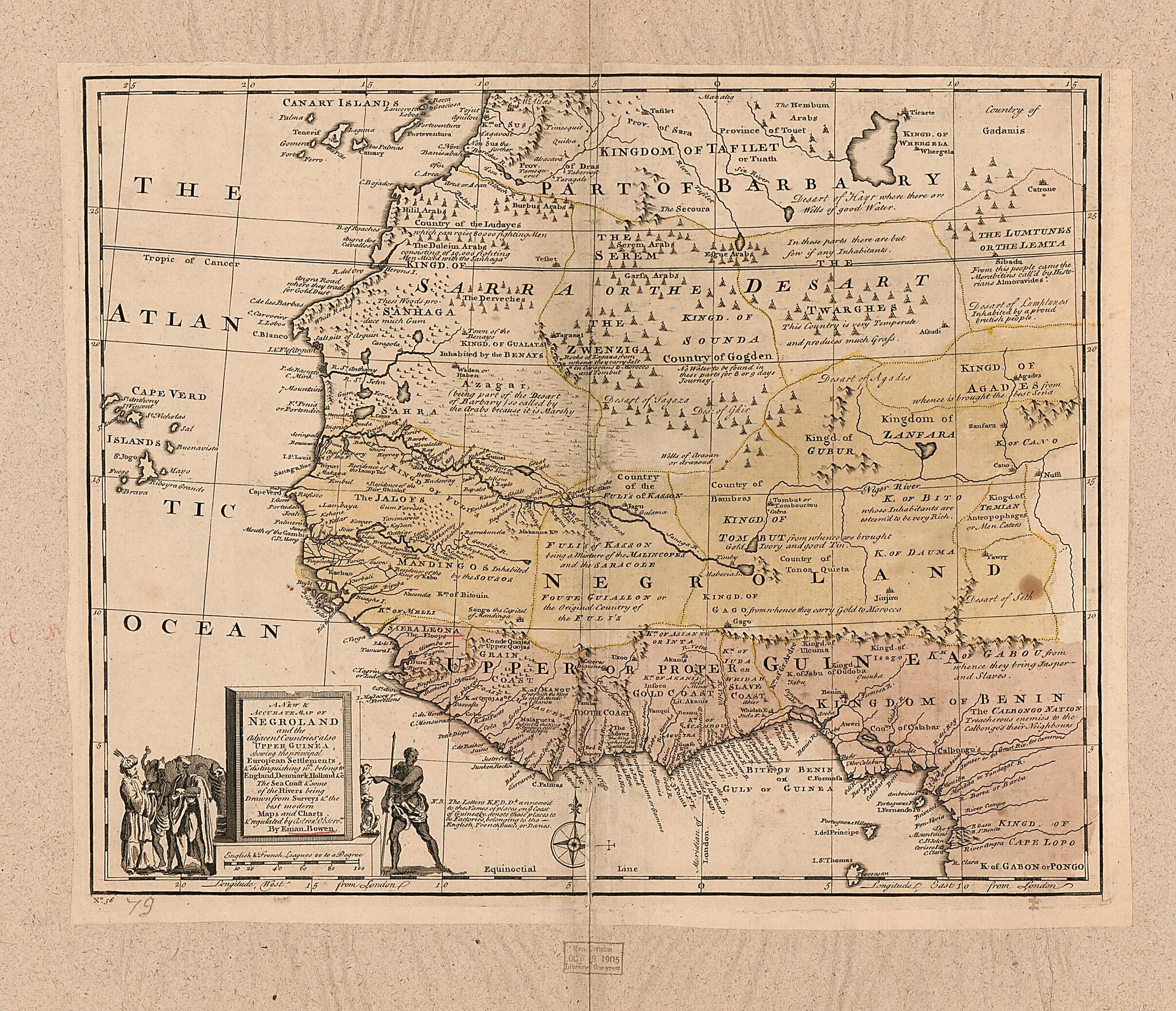 This old map of A New & Accurate Map of Negroland and the Adjacent Countries : Also Upper Guinea, Showing the Principle European Settlements & Distinguishing Wch. Belong to England, Denmark, Holland & C : the Sea of the Rivers Being Drawn from Surveys &