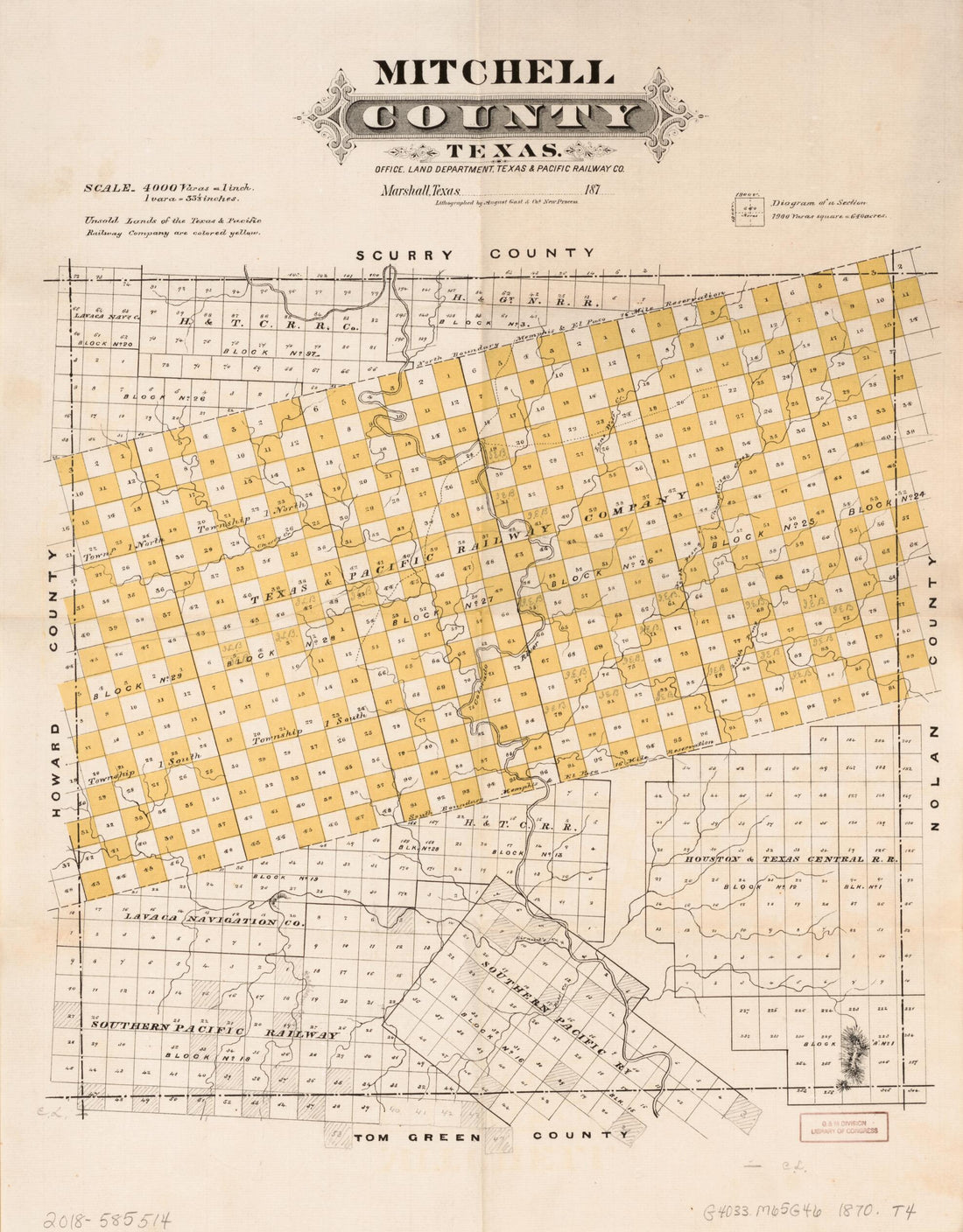 This old map of Mitchell County, Texas from 1870 was created by August Gast & Co, Texas & Pacific Railway. Land Department in 1870