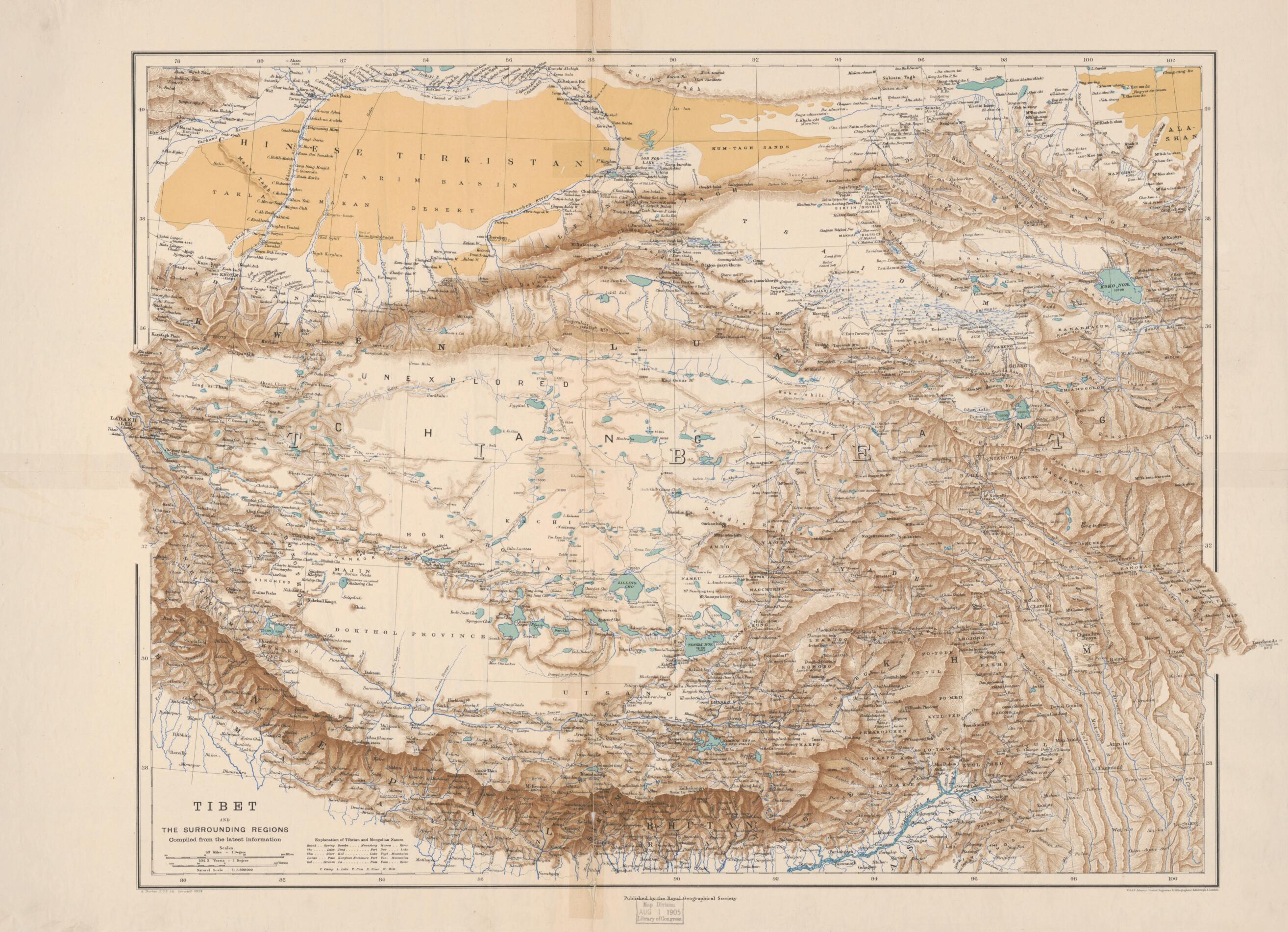 This old map of Tibet and the Surrounding Regions : Compiled from the Latest Information from 1904 was created by Royal Geographical Society (Great Britain), H. (Henry) Sharbau in 1904