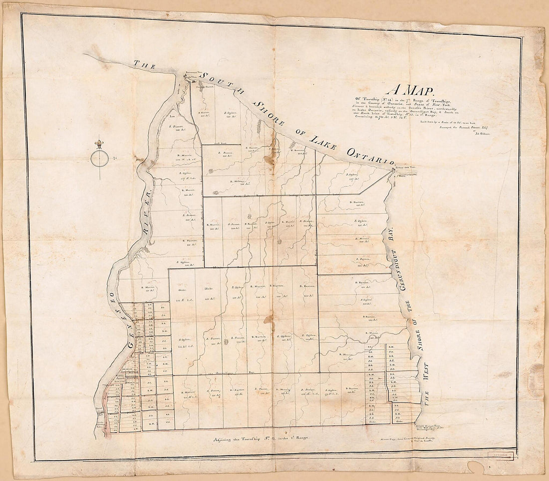 This old map of A Map of Township (No. 14) In the 7th Range of Townships, In the County of Ontario, and State of New York : Situate & Bounded Westerly On the Geneseo River, Northwardly On Lake Ontario, Easterly On the Gerundigut Bay, & South On the North