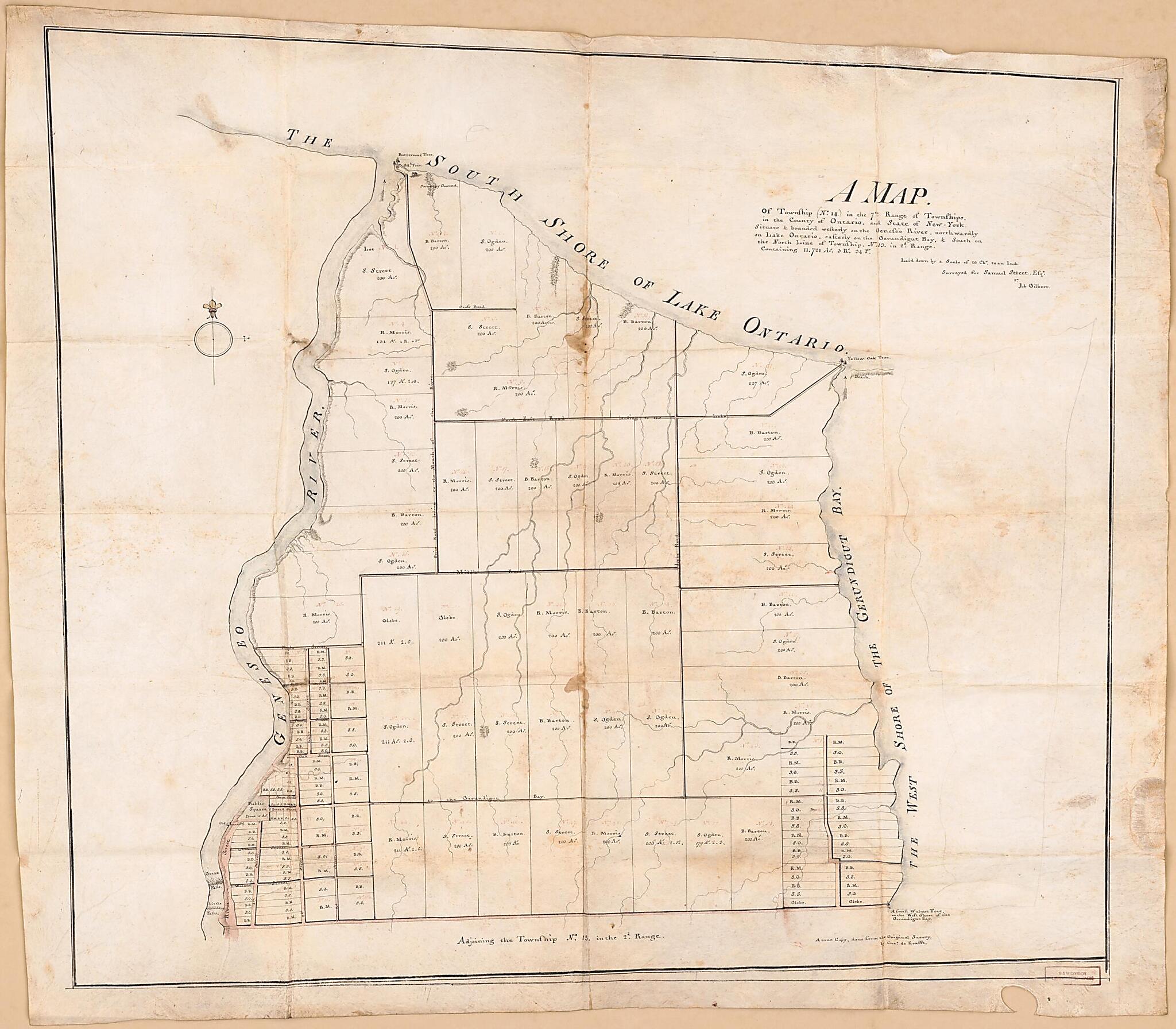 This old map of A Map of Township (No. 14) In the 7th Range of Townships, In the County of Ontario, and State of New York : Situate & Bounded Westerly On the Geneseo River, Northwardly On Lake Ontario, Easterly On the Gerundigut Bay, & South On the North