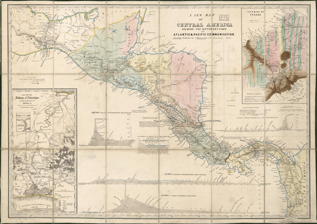This old map of A New Map of Central America : Shewing the Different Lines of Atlantic & Pacific Communication (Central America) from 1851 was created by John Disturnell, Millard Fillmore, José De Garay, Sarony & Major in 1851