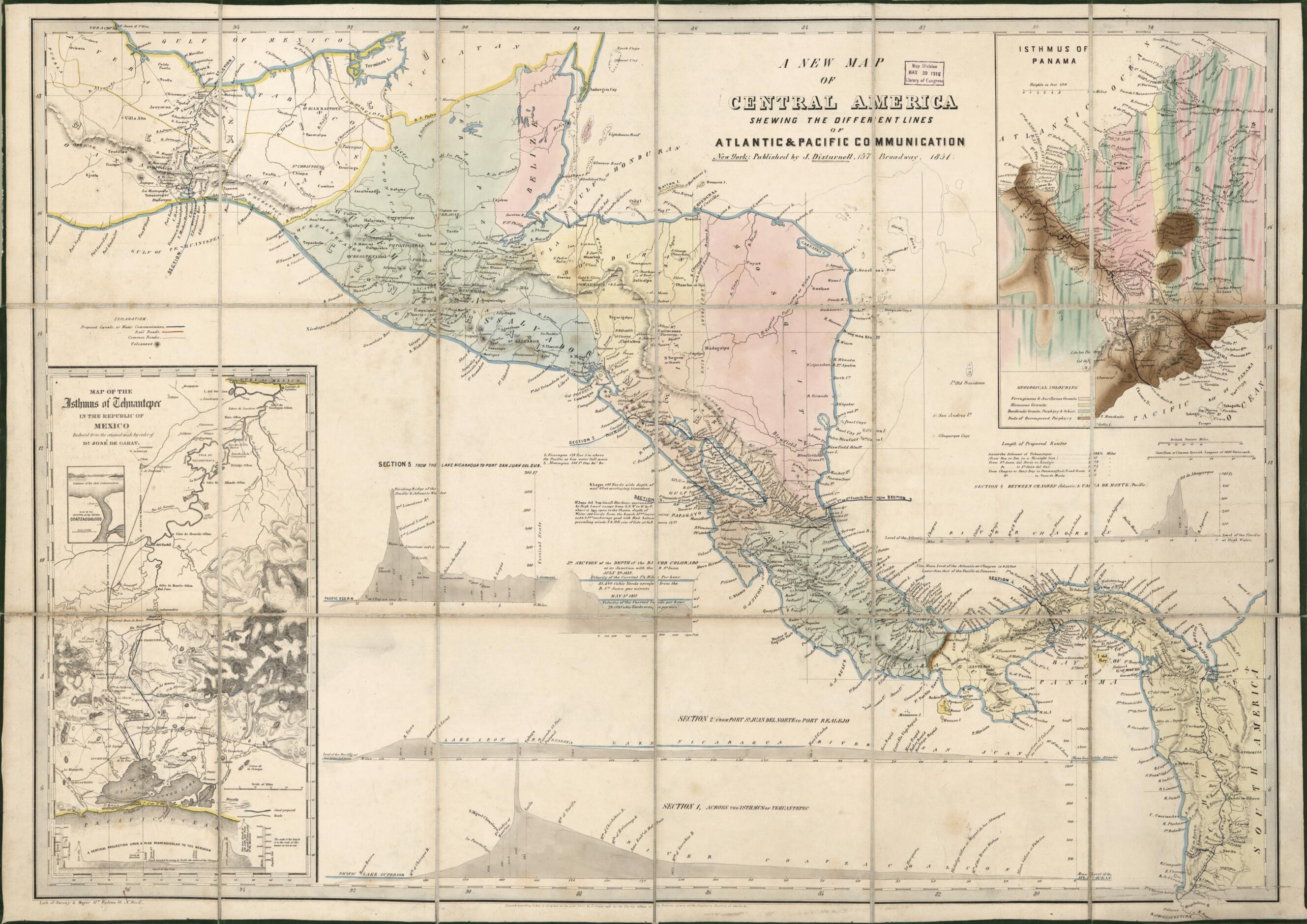 This old map of A New Map of Central America : Shewing the Different Lines of Atlantic & Pacific Communication (Central America) from 1851 was created by John Disturnell, Millard Fillmore, José De Garay, Sarony & Major in 1851