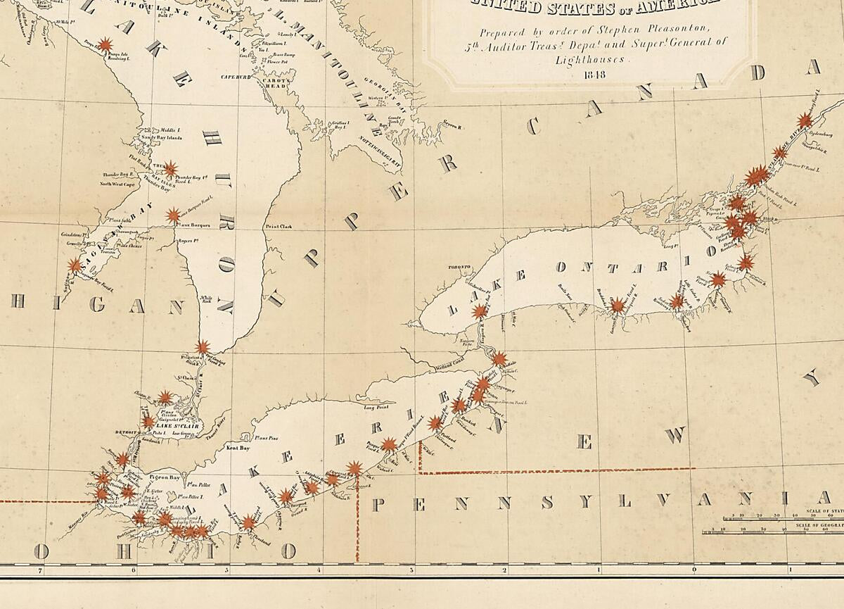 This old map of A Chart Exhibiting the Lighthouses of the Lake Coast of the United States of America from 1848 was created by Millard Fillmore, Stephen Pleasonton,  United States. Department of the Treasury. Office of the Fifth Auditor in 1848