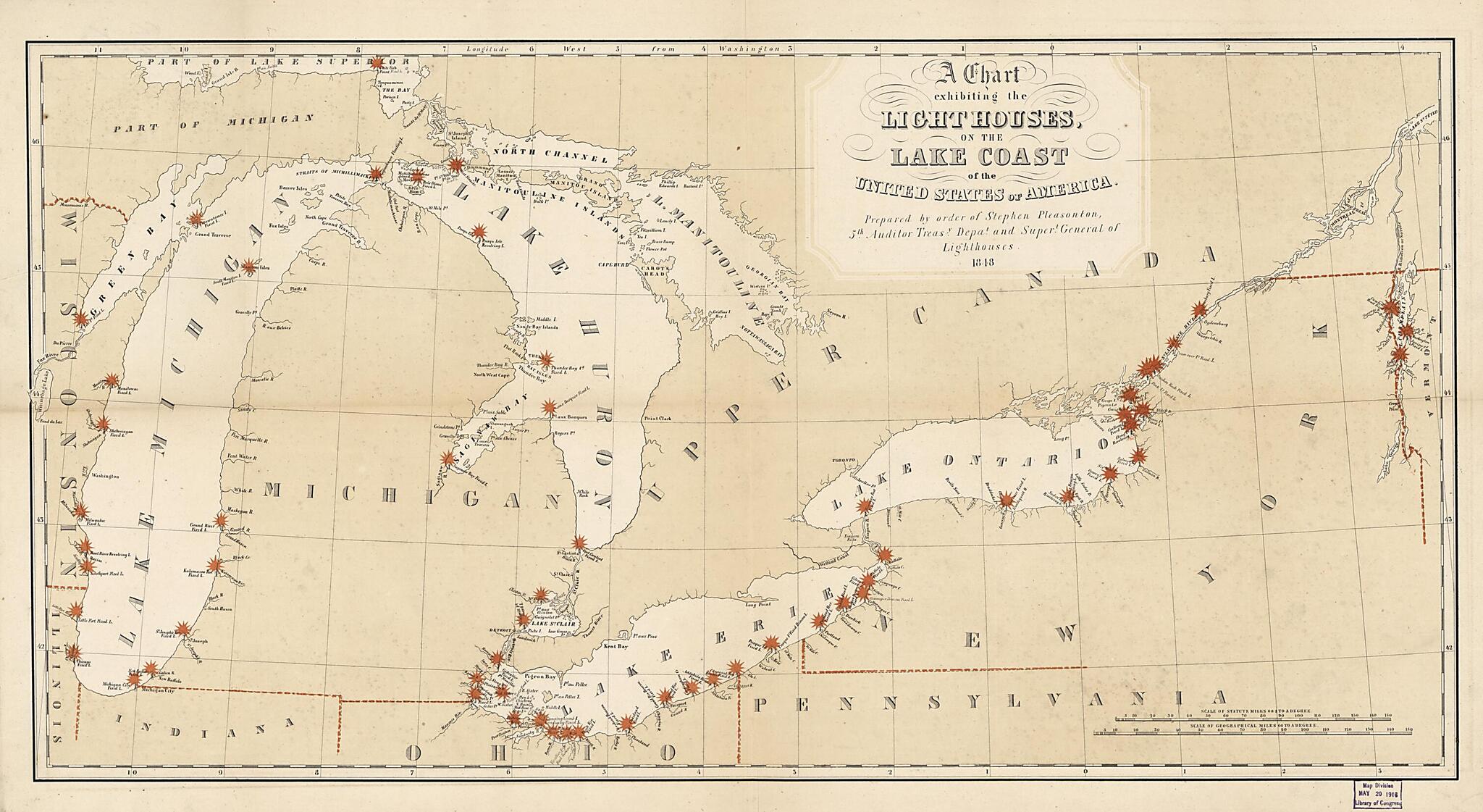 This old map of A Chart Exhibiting the Lighthouses of the Lake Coast of the United States of America from 1848 was created by Millard Fillmore, Stephen Pleasonton, United States. Department of the Treasury. Office of the Fifth Auditor in 1848