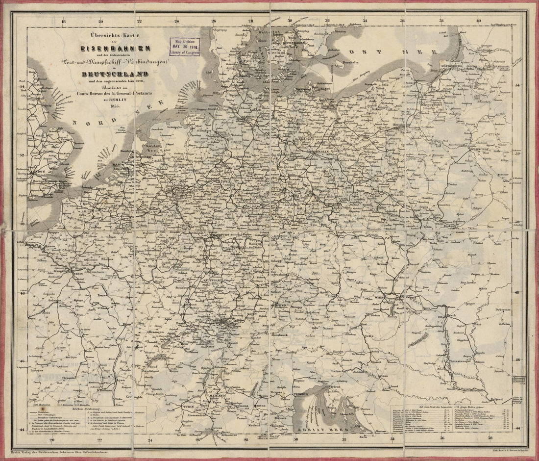This old map of Karte Der Eisenbahnen Und Der Bedeutenderen Post- Und Dampfschiff-Verbindungen In Deutschland : Und Den Angrenzenden Ländern (European Rail Roads, European R. Roads from 1855) was created by Millard Fillmore, Reichspostdirektion Berlin