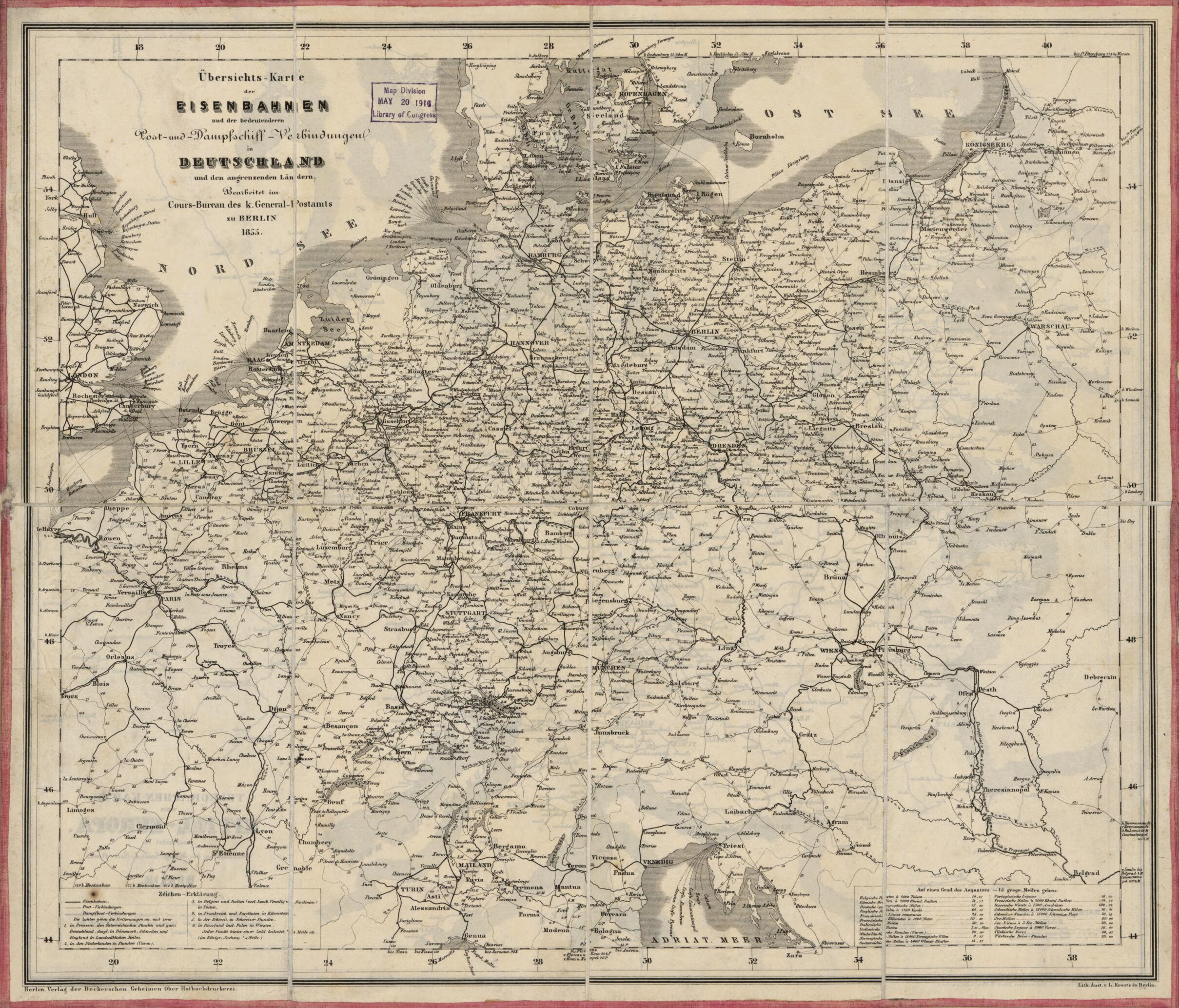 This old map of Karte Der Eisenbahnen Und Der Bedeutenderen Post- Und Dampfschiff-Verbindungen In Deutschland : Und Den Angrenzenden Ländern (European Rail Roads, European R. Roads from 1855) was created by Millard Fillmore, Reichspostdirektion Berlin