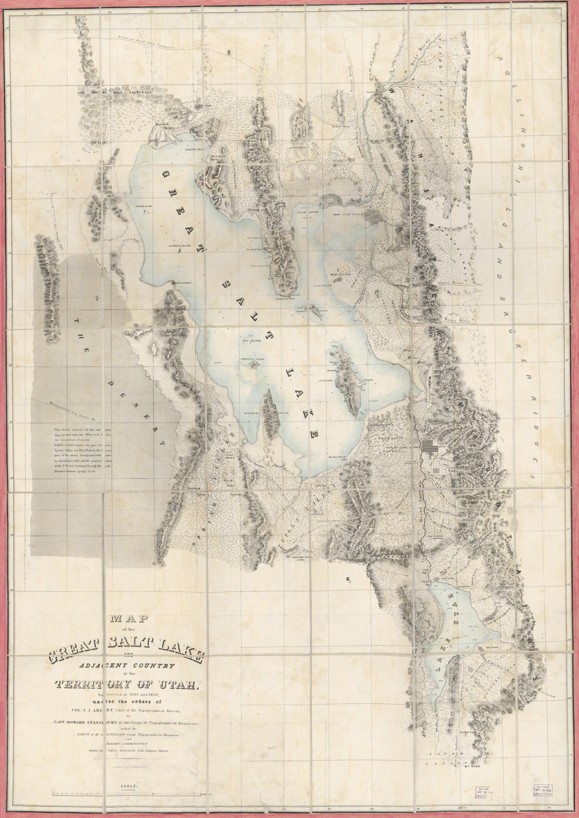 This old map of Map of the Great Salt Lake and Adjacent Country In the Territory of Utah : Surveyed In 1849 and 1850 Under the Orders of Col. J.J. Abert from 1852 was created by Albert Carrington, Millard Fillmore, J. W. (John Williams) Gunnison, Grambo