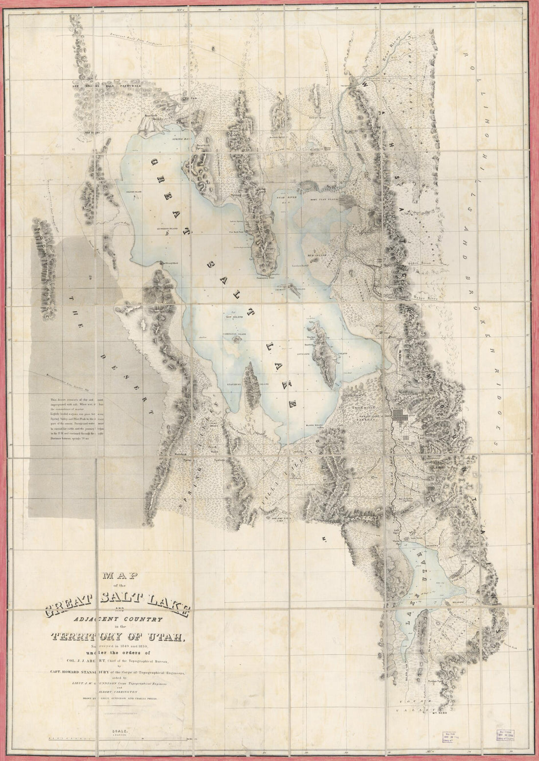 This old map of Map of the Great Salt Lake and Adjacent Country In the Territory of Utah : Surveyed In 1849 and 1850 Under the Orders of Col. J.J. Abert from 1852 was created by Albert Carrington, Millard Fillmore, J. W. (John Williams) Gunnison, Grambo