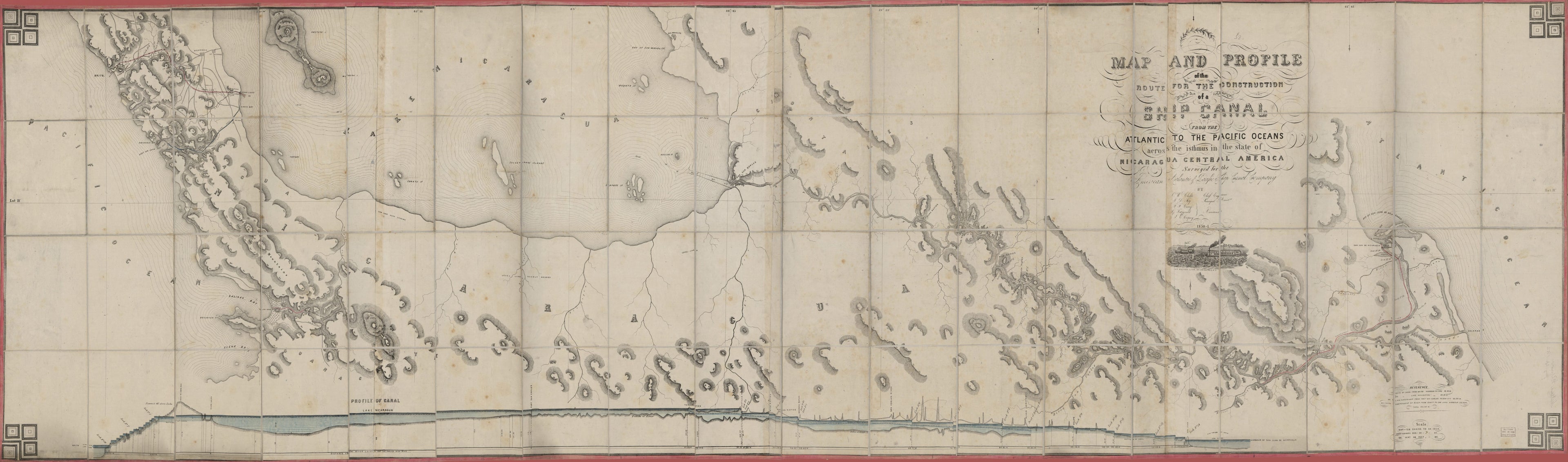 This old map of Map and Profile of the Route for the Construction of a Ship Canal from the Atlantic to the Pacific Oceans Across the Isthmus In the State of Nicaragua, Central America from 1851 was created by American Atlantic and Pacific Ship Canal Com