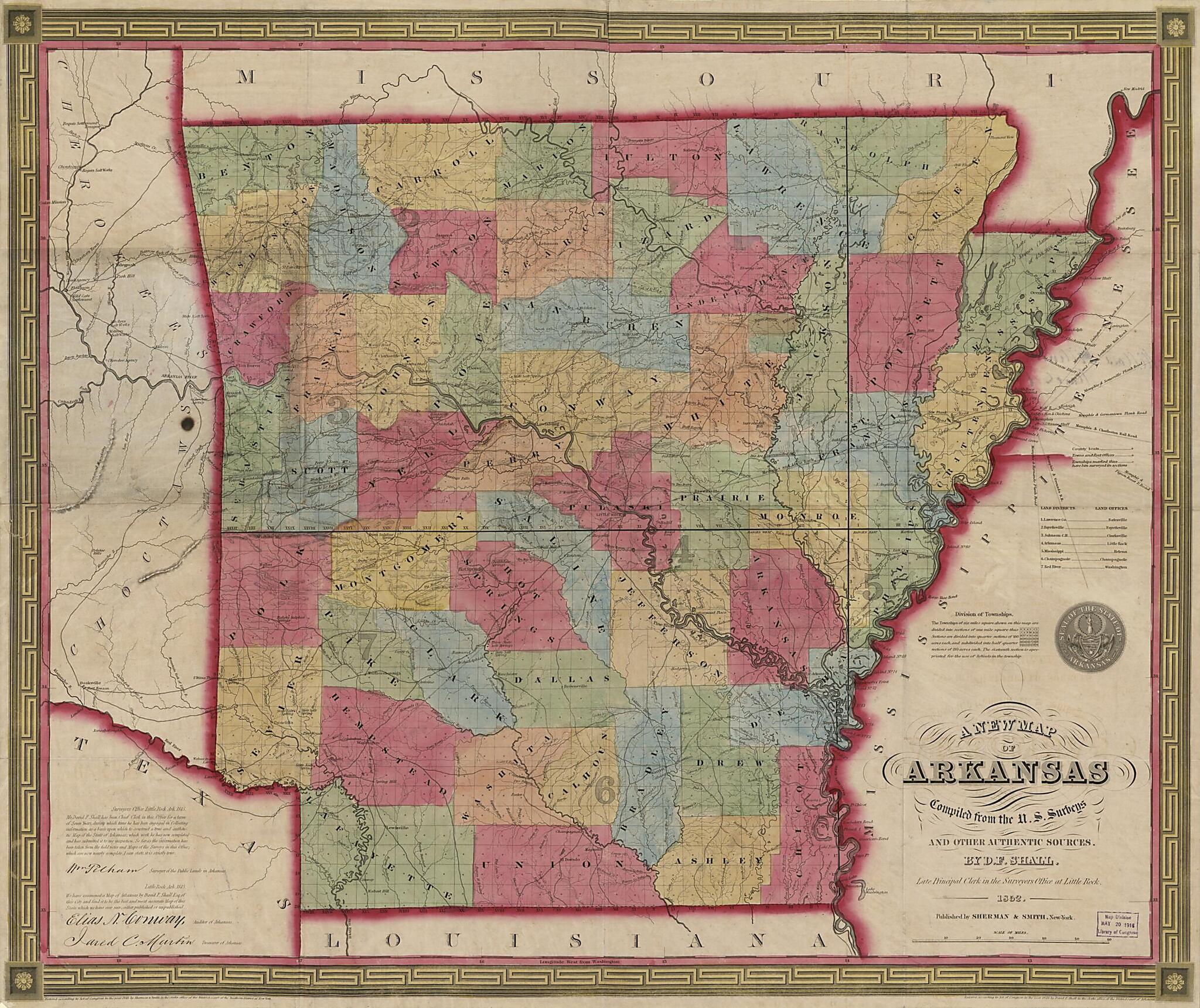 This old map of A New Map of Arkansas from 1852 was created by Millard Fillmore, D. F. Shall, Sherman & Smith in 1852