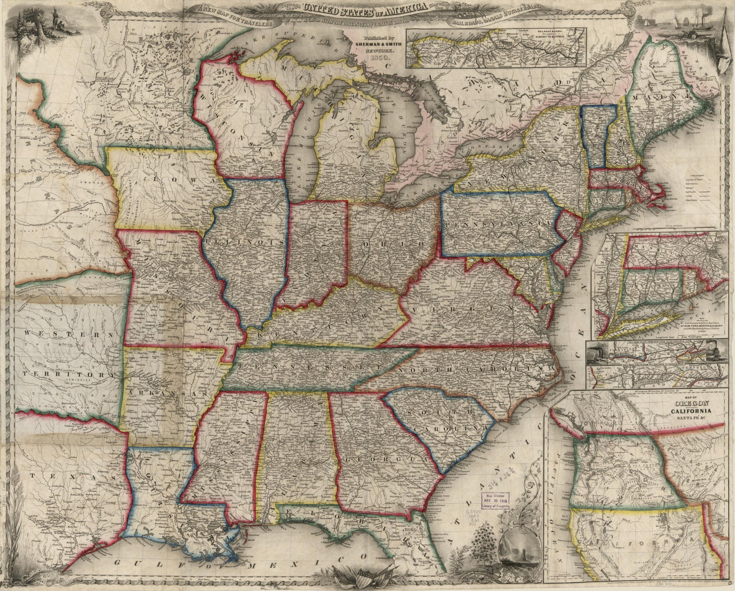 This old map of A New Map for Travellers Through the United States of America Showing the Railways, Canals & Stage Roads, With the Distances from 1850 was created by Millard Fillmore,  Sherman & Smith, J. Calvin (John Calvin) Smith in 1850