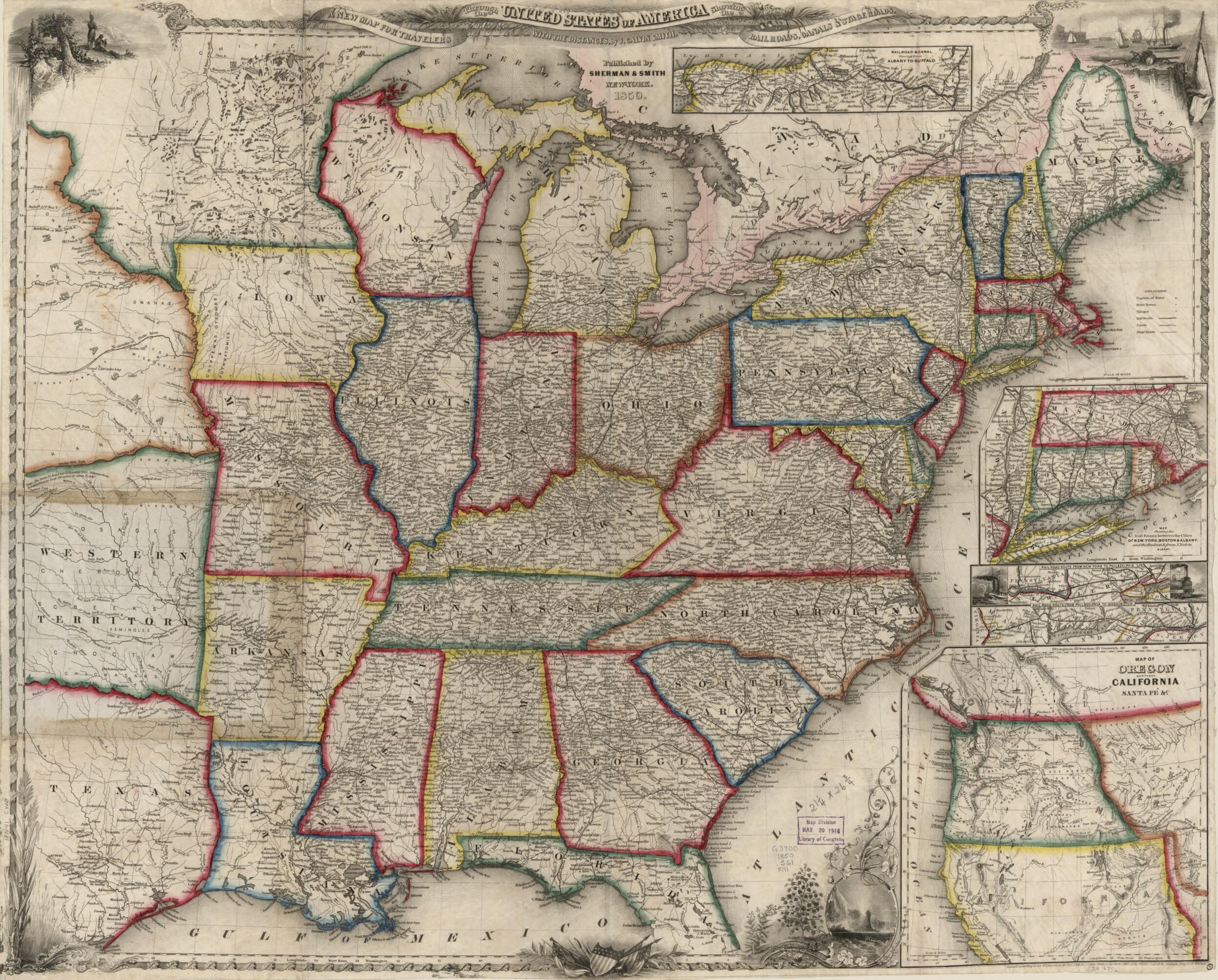 This old map of A New Map for Travellers Through the United States of America Showing the Railways, Canals & Stage Roads, With the Distances from 1850 was created by Millard Fillmore, Sherman & Smith, J. Calvin (John Calvin) Smith in 1850