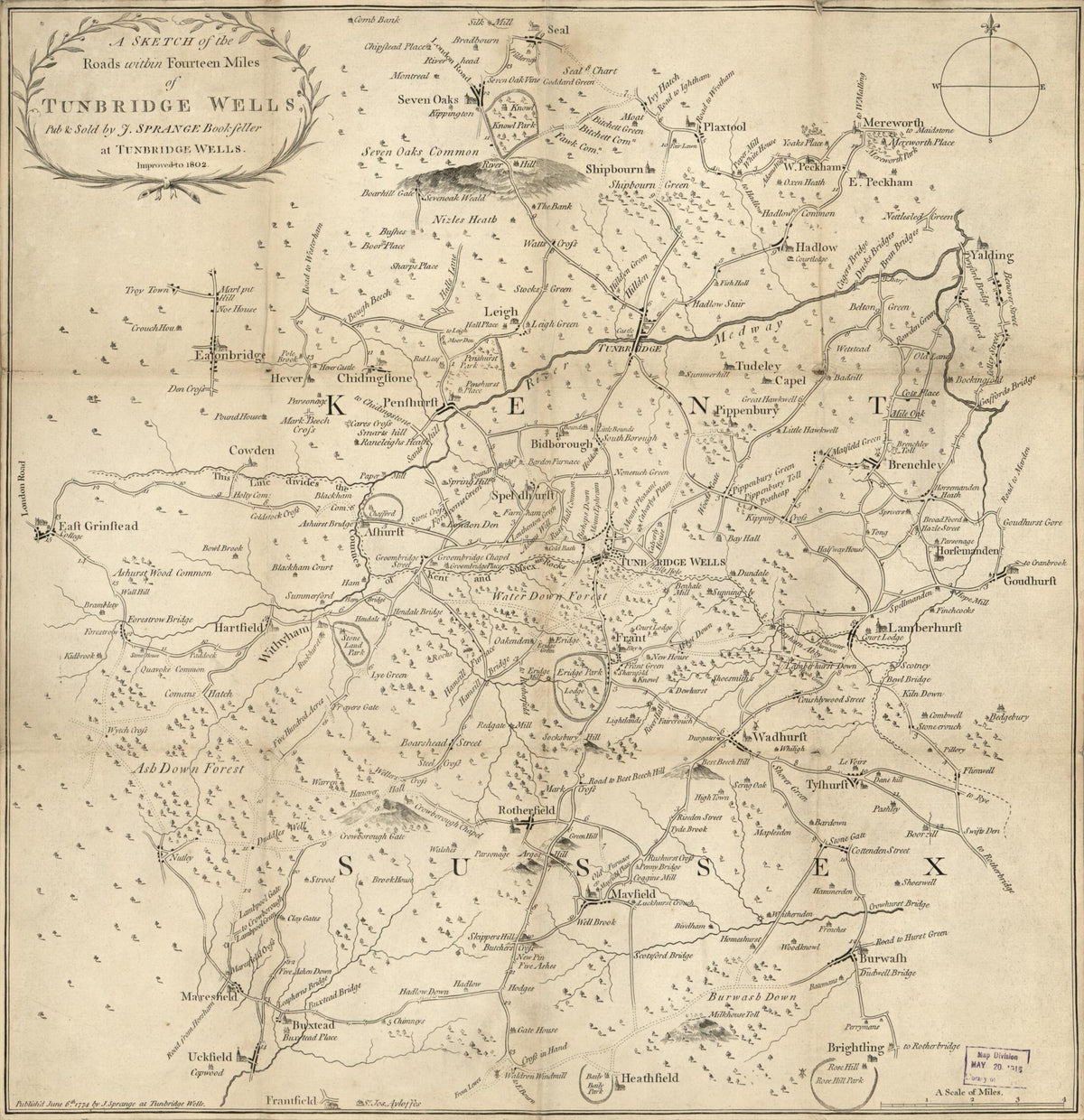 A Sketch of the Roads Within Fourteen Miles of Tunbridge Wells 1802 by Relic Map Company