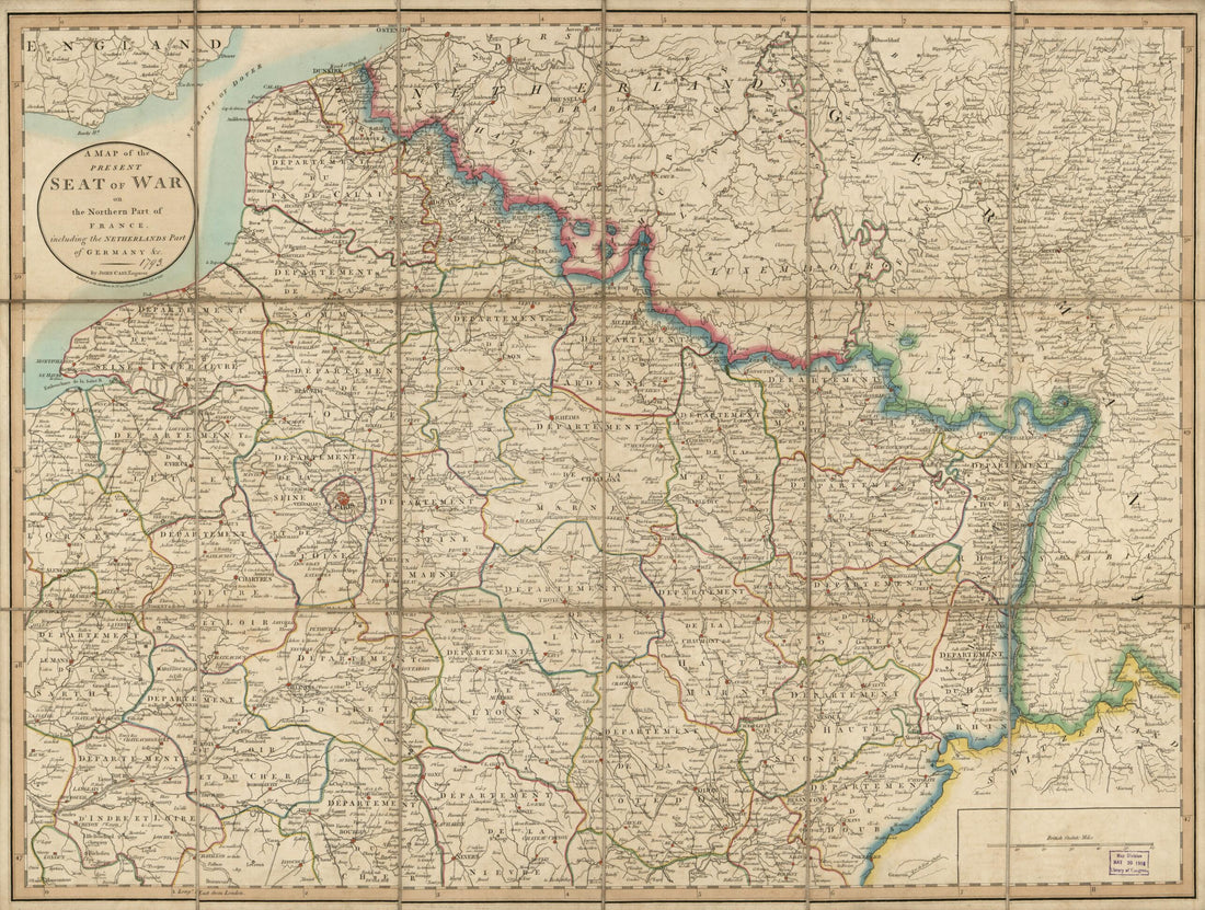 This old map of A Map of the Present Seat of War On the Northern Part of France, Including the Netherlands, Part of Germany &c (Northern France Map of War In from 1793) was created by John Cary, Millard Fillmore in 1793