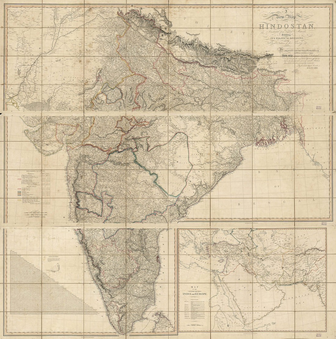 This old map of A New Map of Hindostan : Constructed from Original Materials, Exhibiting Its Political Divisions, and the Natural Features of the Country (3 Sheet Map of India) from 1824 was created by Millard Fillmore, G. & J. Cary in 1824