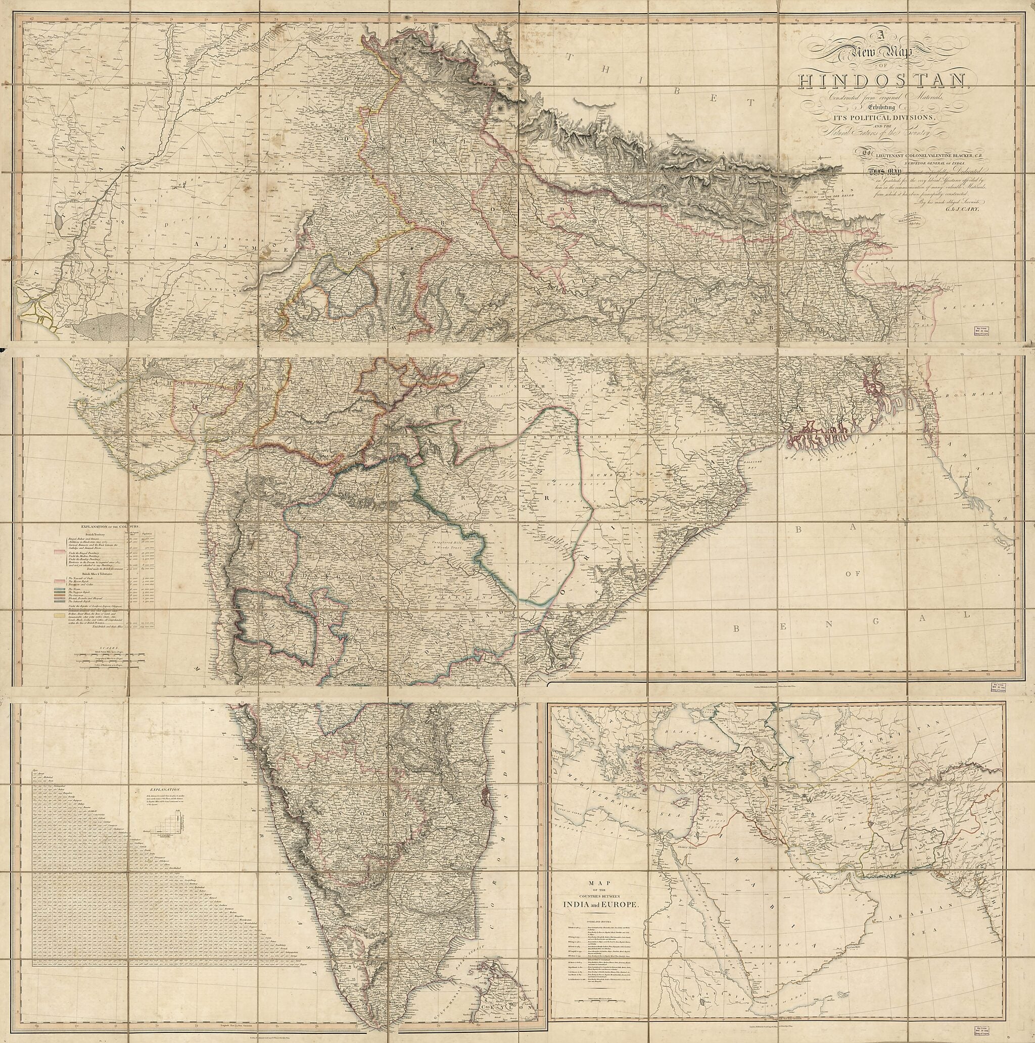 This old map of A New Map of Hindostan : Constructed from Original Materials, Exhibiting Its Political Divisions, and the Natural Features of the Country (3 Sheet Map of India) from 1824 was created by Millard Fillmore, G. & J. Cary in 1824
