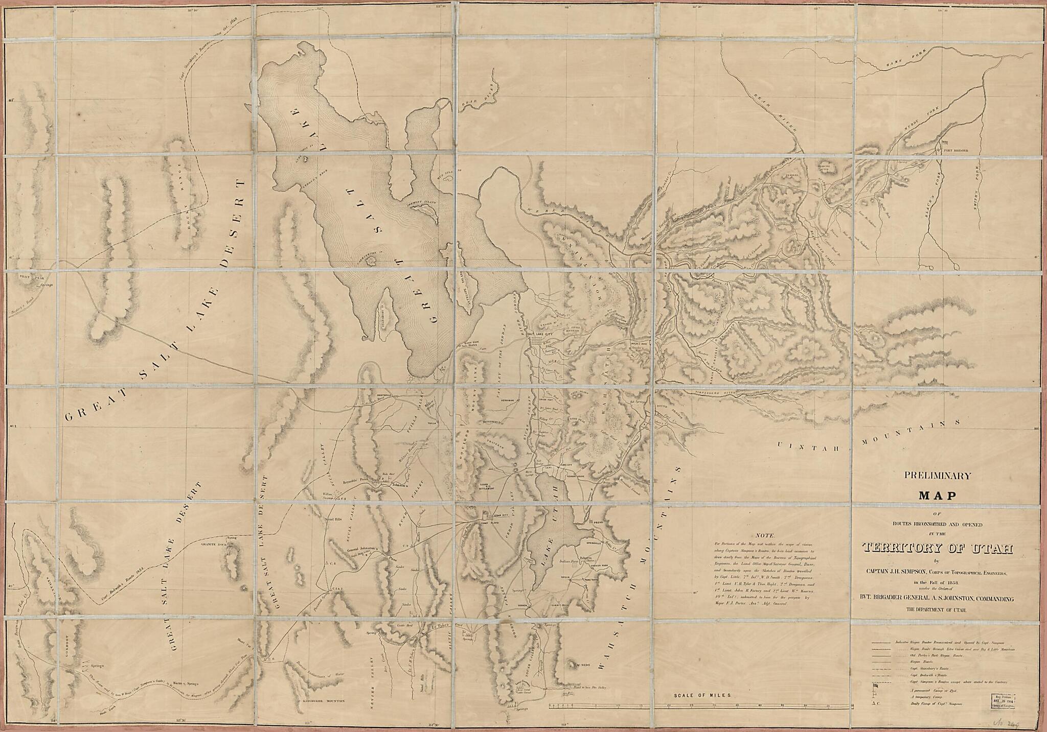 This old map of Preliminary Map of Routes Reconnoitered and Opened In the Territory of Utah from 1858 was created by Millard Fillmore, J. H. (James Hervey) Simpson in 1858