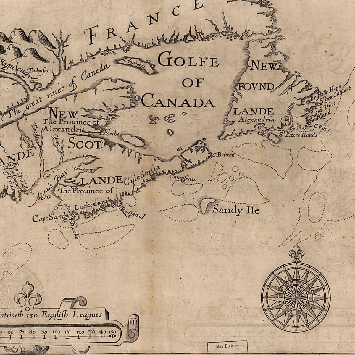 This old map of New England, Nova Scotia, and Newfoundland from 1624 was created by William Alexander Stirling in 1624