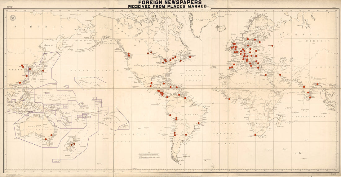 This old map of Foreign Newspapers Received from Places Marked from 1928 was created by Library of Congress. Periodicals Division, Henry S. (Henry Spaulding) Parsons, United States. Hydrographic Office in 1928