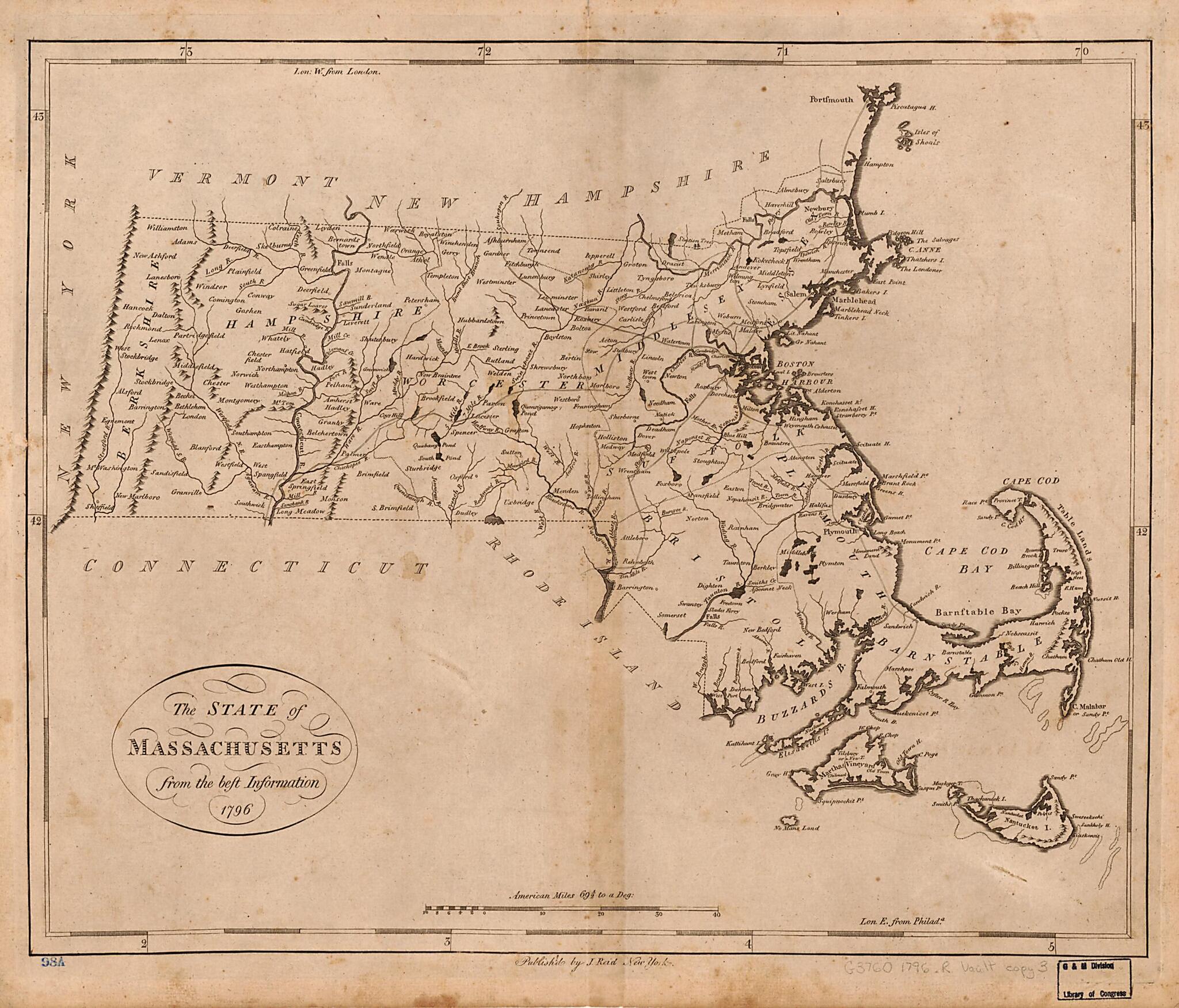 This old map of The State of Massachusetts : from the Best Information from 1796 was created by John Reid, United States. Bureau of the Census, William Winterbotham in 1796