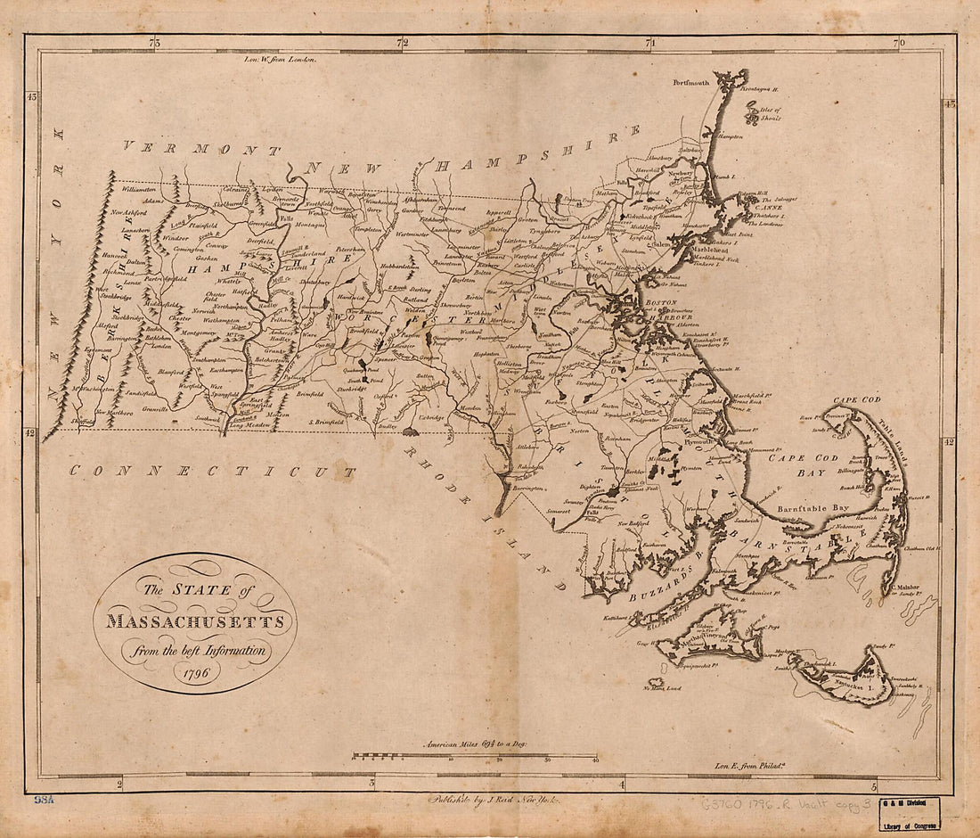 This old map of The State of Massachusetts : from the Best Information from 1796 was created by John Reid, United States. Bureau of the Census, William Winterbotham in 1796