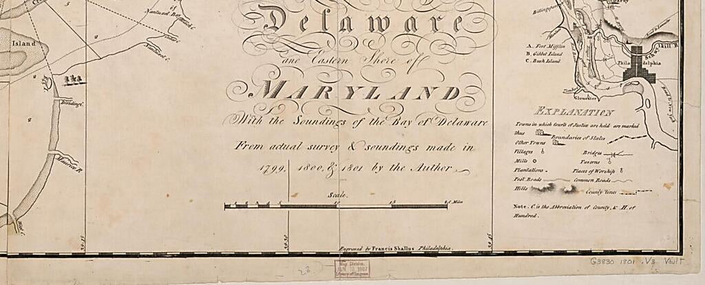 This old map of A Map of the State of Delaware and the Eastern Shore of Maryland : With the Soundings of the Bay of Delaware from 1801 was created by Francis Shallus, Charles Varle in 1801