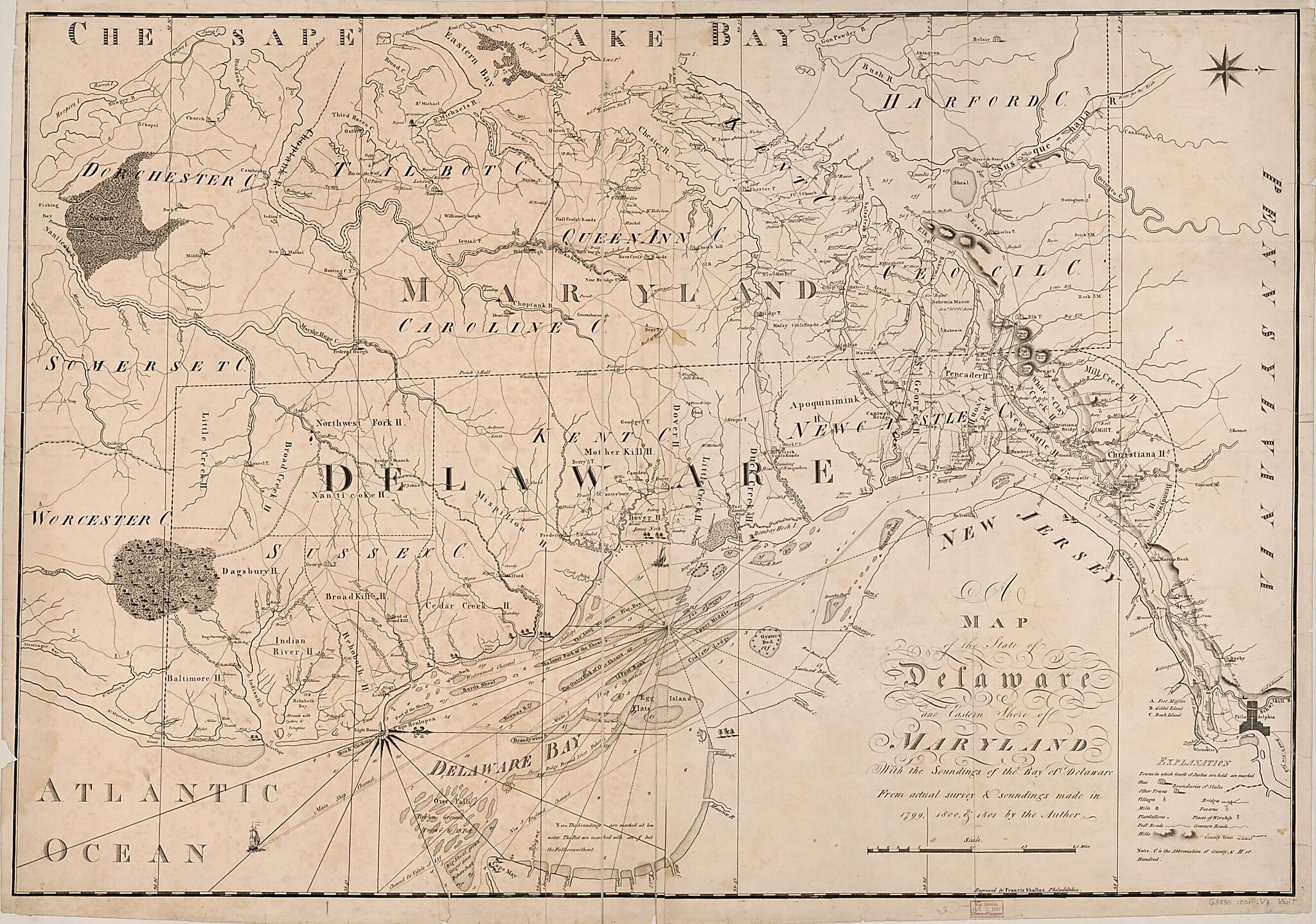 This old map of A Map of the State of Delaware and the Eastern Shore of Maryland : With the Soundings of the Bay of Delaware from 1801 was created by Francis Shallus, Charles Varle in 1801