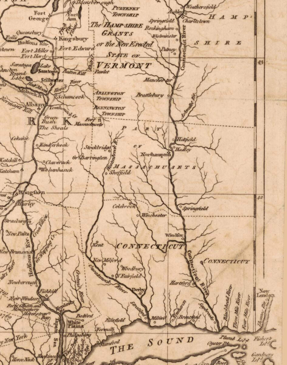 This old map of A New and Accurate Map of the Province of New York and Part of the Jerseys, New England and Canada, Shewing the Scenes of Our Military Operations During the Present War : Also the New Erected State of Vermont from 1780 was created by John