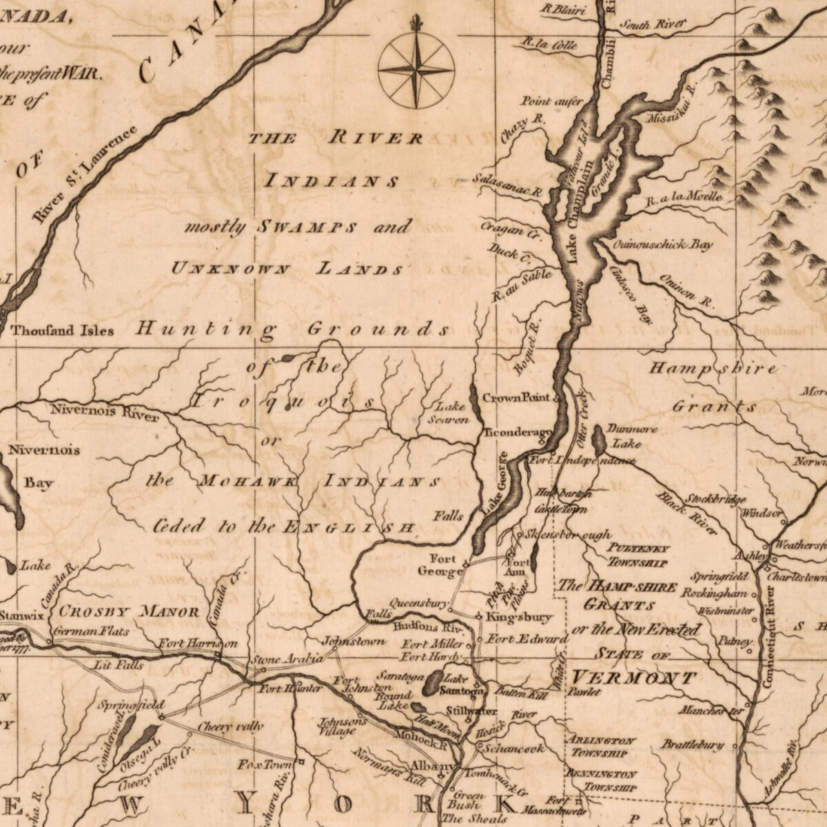 This old map of A New and Accurate Map of the Province of New York and Part of the Jerseys, New England and Canada, Shewing the Scenes of Our Military Operations During the Present War : Also the New Erected State of Vermont from 1780 was created by John