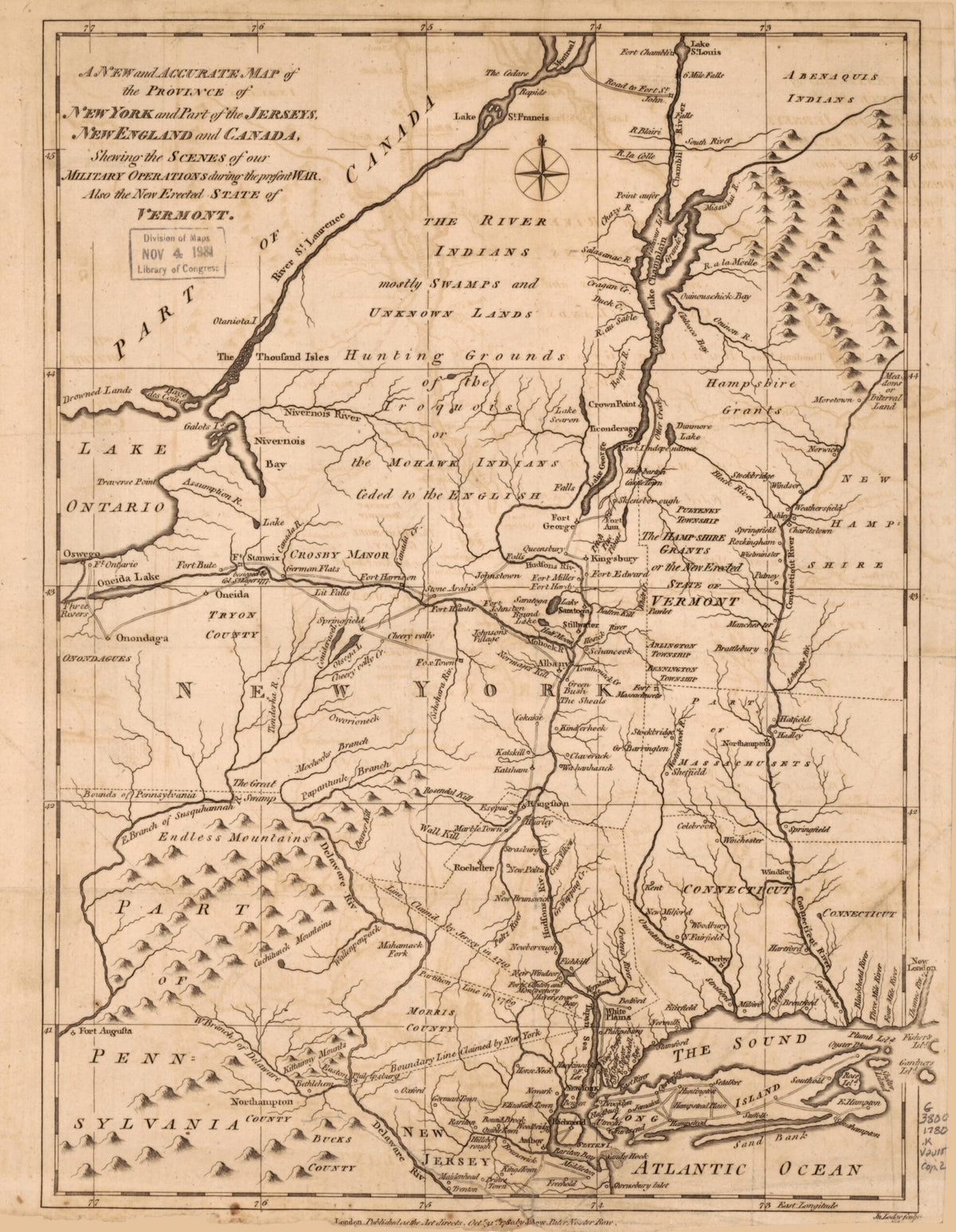 A New and Accurate Map of the Province of New York and Part of the Jerseys, New England and Canada, Shewing the Scenes of Our Military Operations During the Present War : Also the New Erected State of Vermont 1780 by Relic Map Company