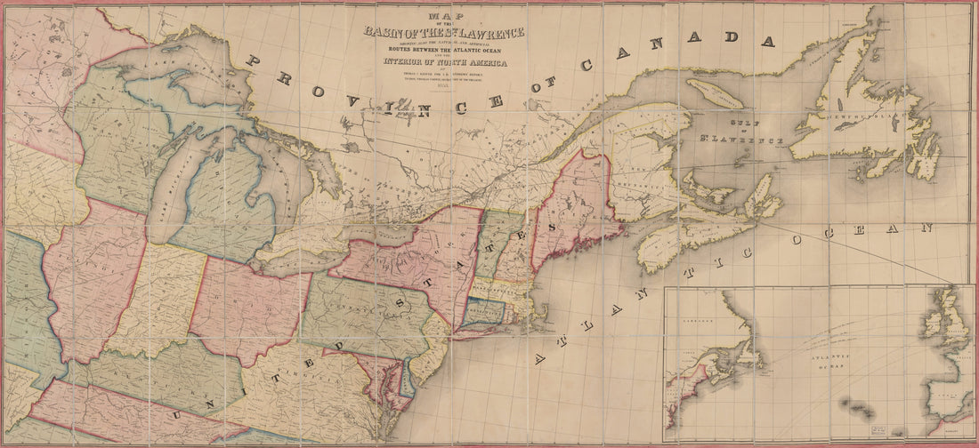 This old map of Map of the Basin of the St. Lawrence : Showing Also the Natural and Artificial Routes Between the Atlantic Ocean and the Interior of North America from 1853 was created by Ackerman Lithr, Israel D. (Israel Dewolf) Andrews, Thomas C. Keef