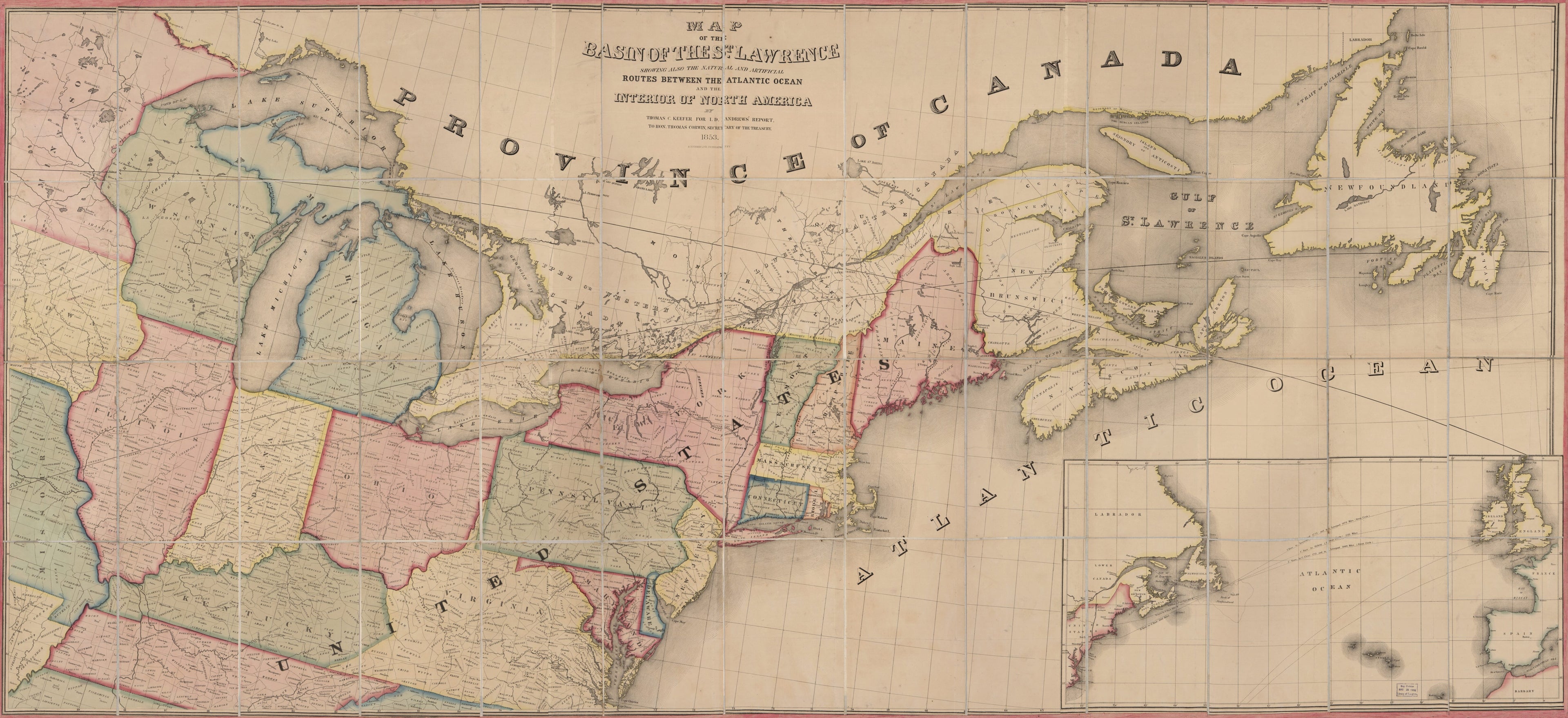 This old map of Map of the Basin of the St. Lawrence : Showing Also the Natural and Artificial Routes Between the Atlantic Ocean and the Interior of North America from 1853 was created by Ackerman Lithr, Israel D. (Israel Dewolf) Andrews, Thomas C. Keef