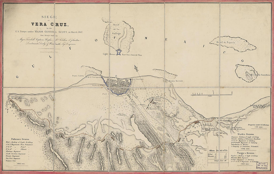 This old map of Siege of Vera Cruz : by the U.S. Troops Under Major General Scott, In March from 1847, from Surveys Made by Major Turnbull, Captains Hughes, McClellan, & Johnston, Lieutenants Derby & Hardcastle, Topl. Engineers was created by George Hora
