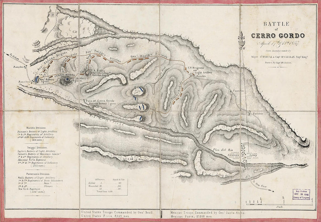 This old map of Battle of Cerro Gordo April 17th & 18th from 1847 : from Surveys Made by Major Turnbull, Capt. McClellan, Topl. Engs was created by George B. (George Brinton) McClellan, Winfield Scott, Wm. (William) Turnbull in 1847