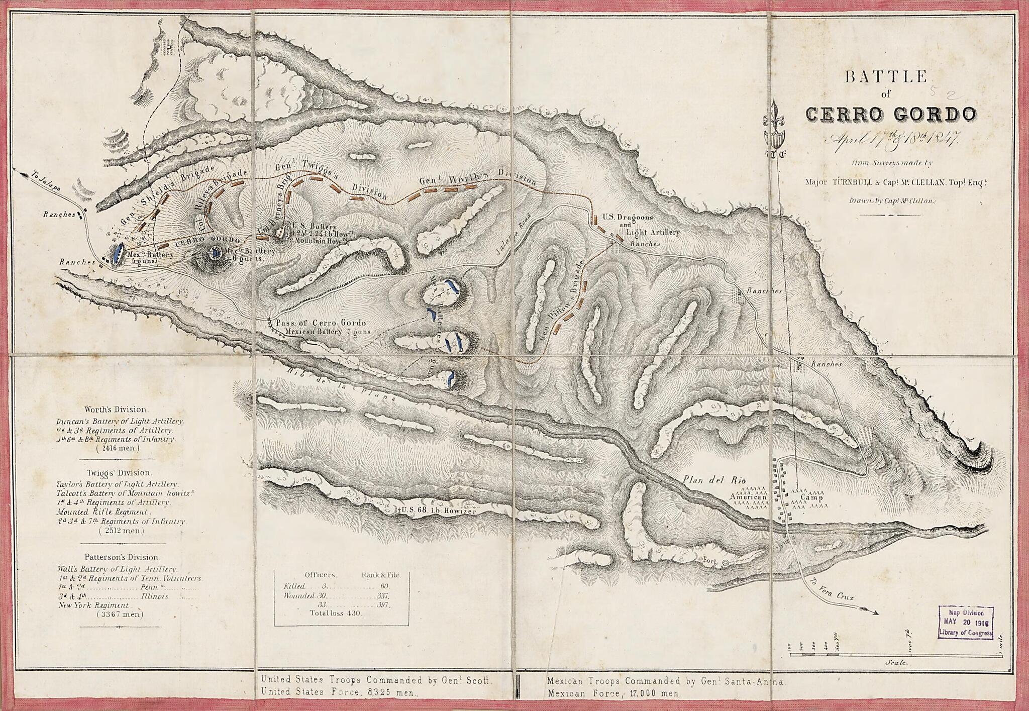 This old map of Battle of Cerro Gordo April 17th & 18th from 1847 : from Surveys Made by Major Turnbull, Capt. McClellan, Topl. Engs was created by George B. (George Brinton) McClellan, Winfield Scott, Wm. (William) Turnbull in 1847