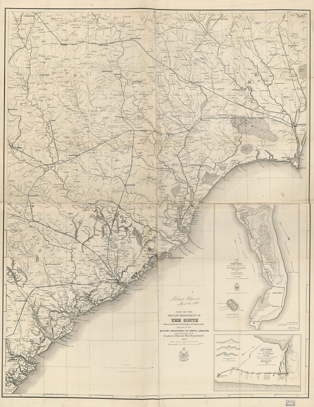 This old map of Part of the Military Department of the South, Embracing Portions of Georgia and South Carolina from 1865 was created by Millard Fillmore, United States. Army. Corps of Engineers in 1865