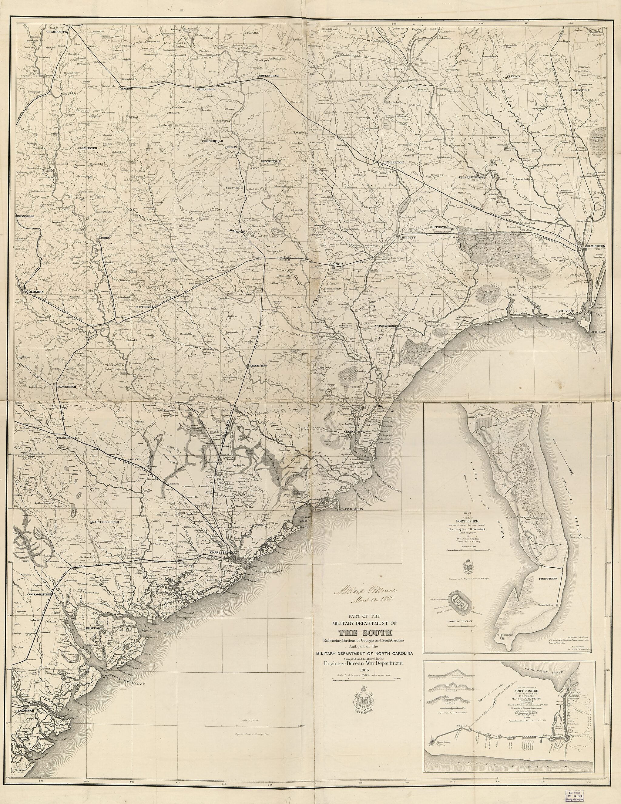 This old map of Part of the Military Department of the South, Embracing Portions of Georgia and South Carolina from 1865 was created by Millard Fillmore, United States. Army. Corps of Engineers in 1865