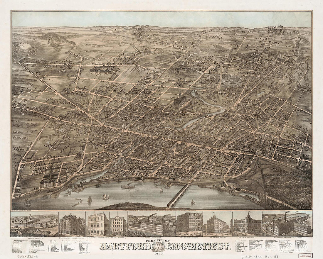 This old map of The City of Hartford, Connecticut from 1877 was created by O. H. (Oakley Hoopes) Bailey, Connecticut State Library, J. L. Galt, O.H. Bailey & Co in 1877