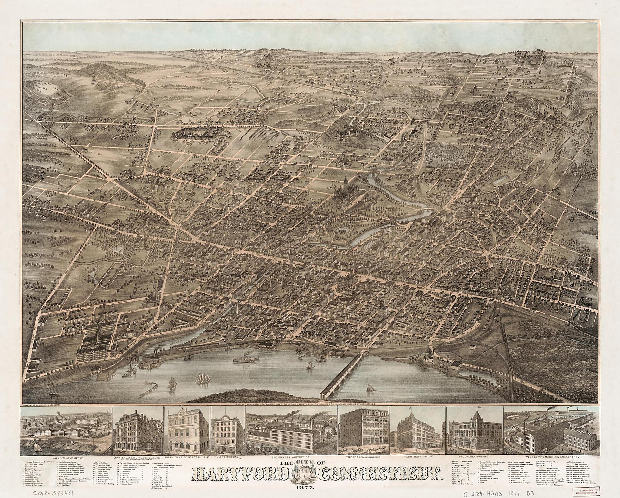 This old map of The City of Hartford, Connecticut from 1877 was created by O. H. (Oakley Hoopes) Bailey, Connecticut State Library, J. L. Galt, O.H. Bailey & Co in 1877