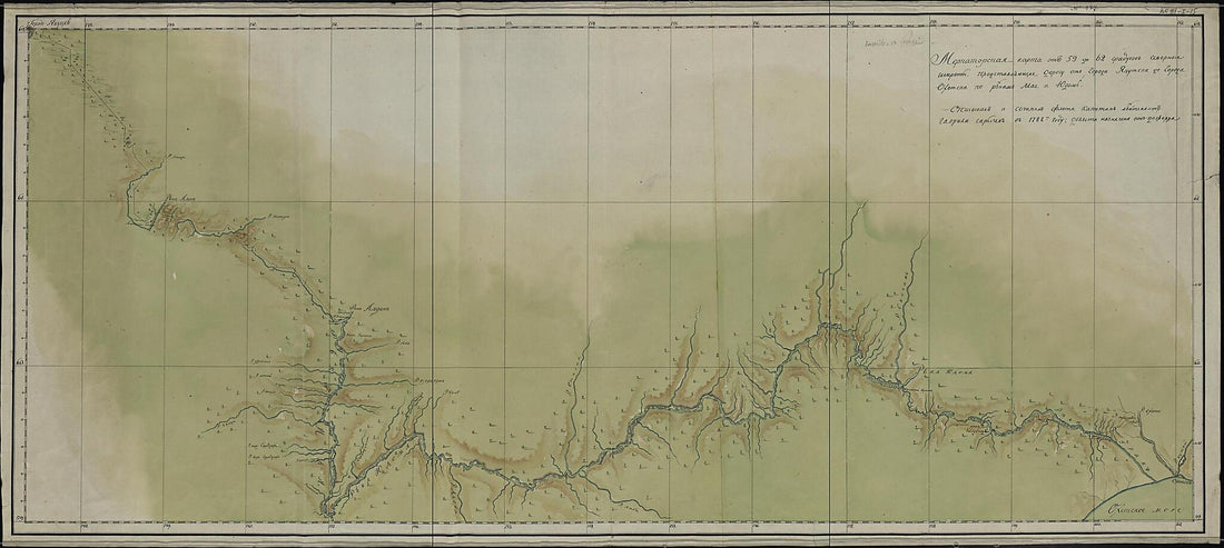 This old map of Merkatorskai︠a︡ Karta Ot 59 Do 62 Gradusov Severnoĭ Shiroty, Predstavli︠a︡i︠u︡shchai︠a︡ Dorogu Ot Goroda Okhotska Po Rekam Mai︠a︡ I I︠U︡dom. (Меркаторская карта от 59 до 62 градусов с
