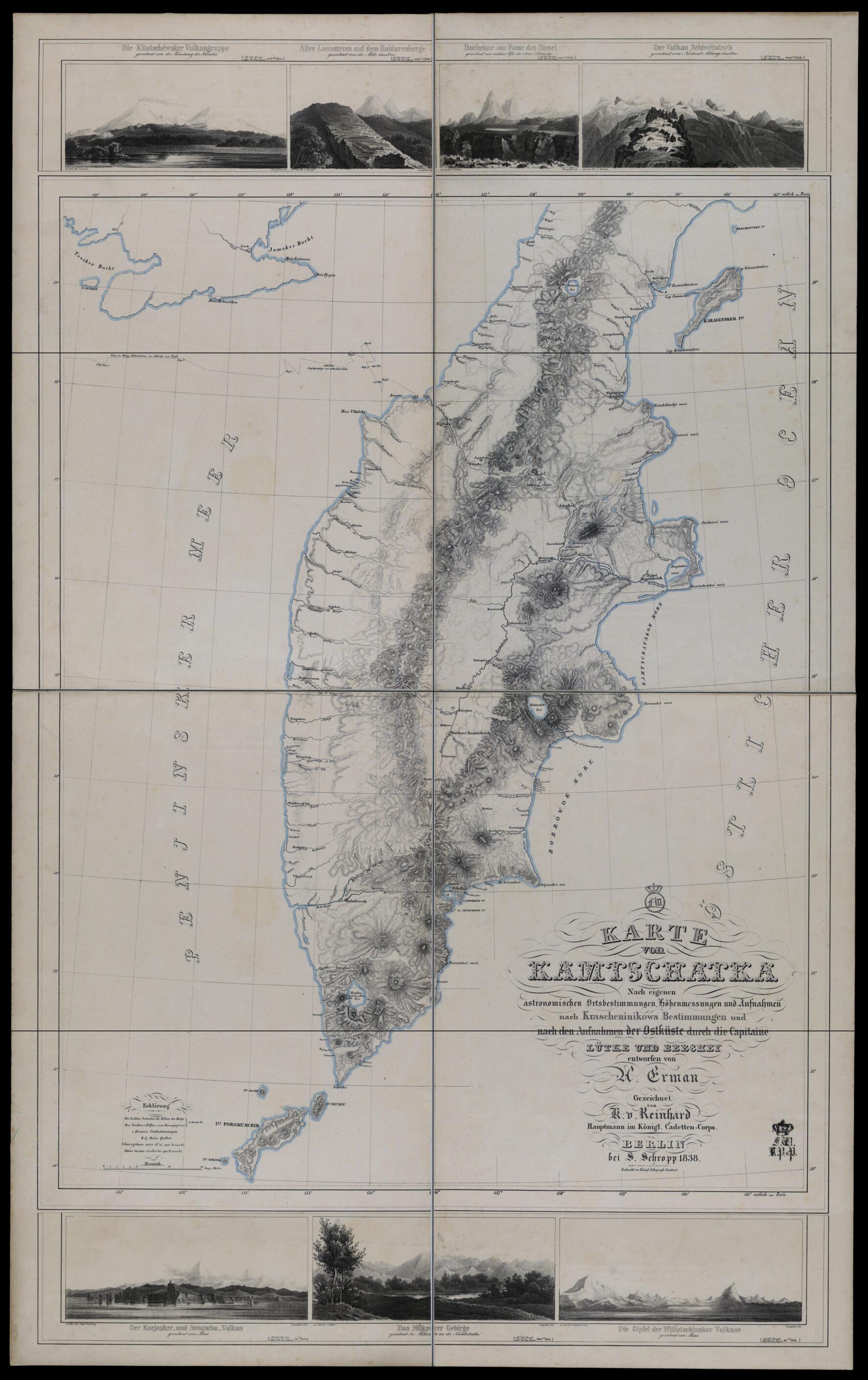 This old map of Karte Von Kamtschatka. Nach Eigenem Astronomischen Ortsbestimmungen, Höhenmessungen, Und Aufnahmen Nach Krascheninikows Bestimmungen Und Nach Den Aufnahmen Der Ostküste Durch Die Capitaine Lütke Und Beechey from 1838 was created by in