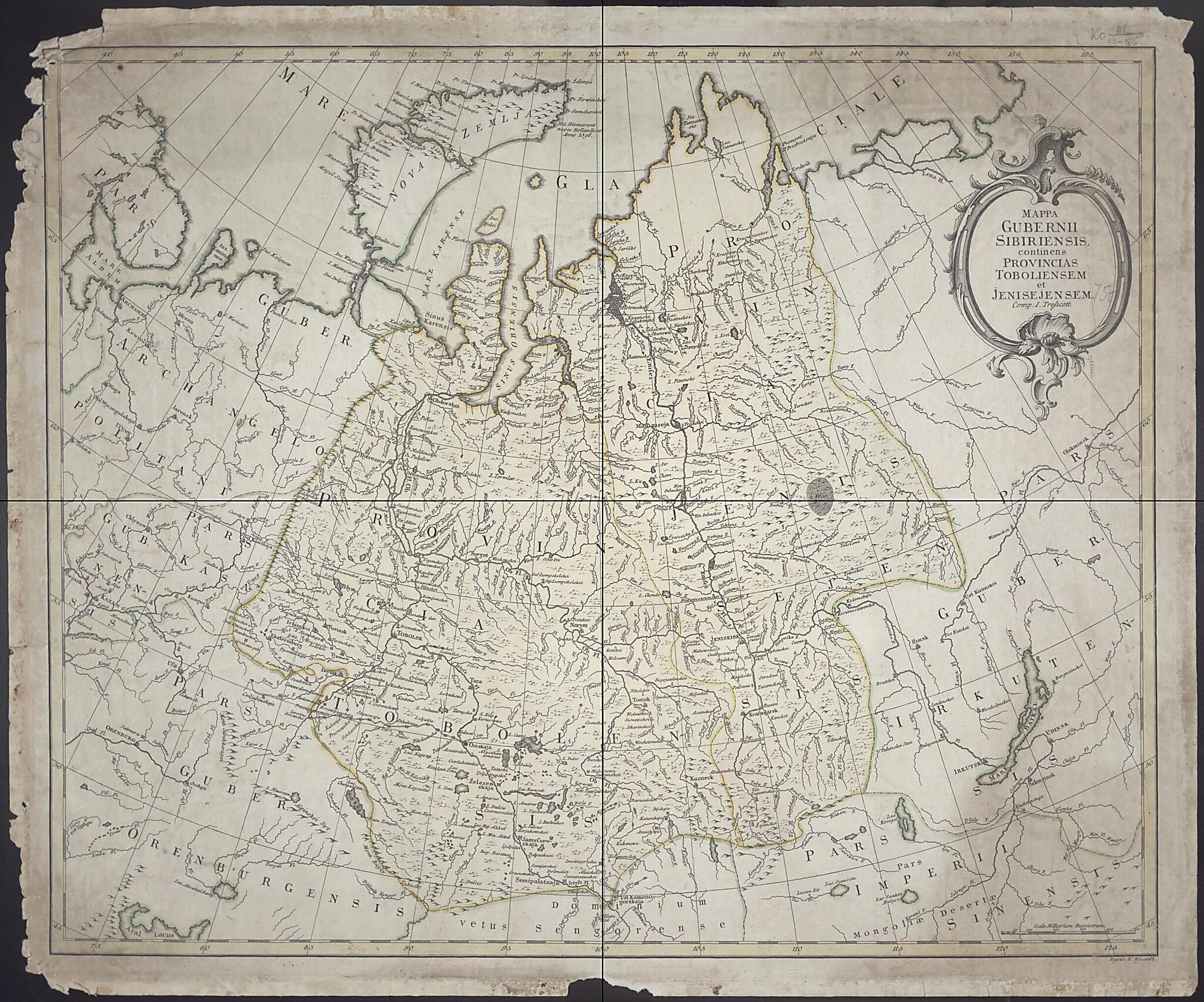 This old map of Mappa Gubernii Sibiriensis, Continens Provincias Toboliensem Et Jenisejensem, Comp. I. Tresscott from 1775 was created by Johann Treskot in 1775
