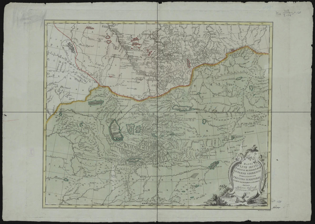 This old map of Mappa Fluvii Irtisz Partem Meridional Gubernii Sibiriensis Perfluentis Cum Pristino Territorio Stipris Kalmukorum Songaricae. Auctore Iohanne Islenieff Vigiliarum Praefecto from 1777 was created by in 1777