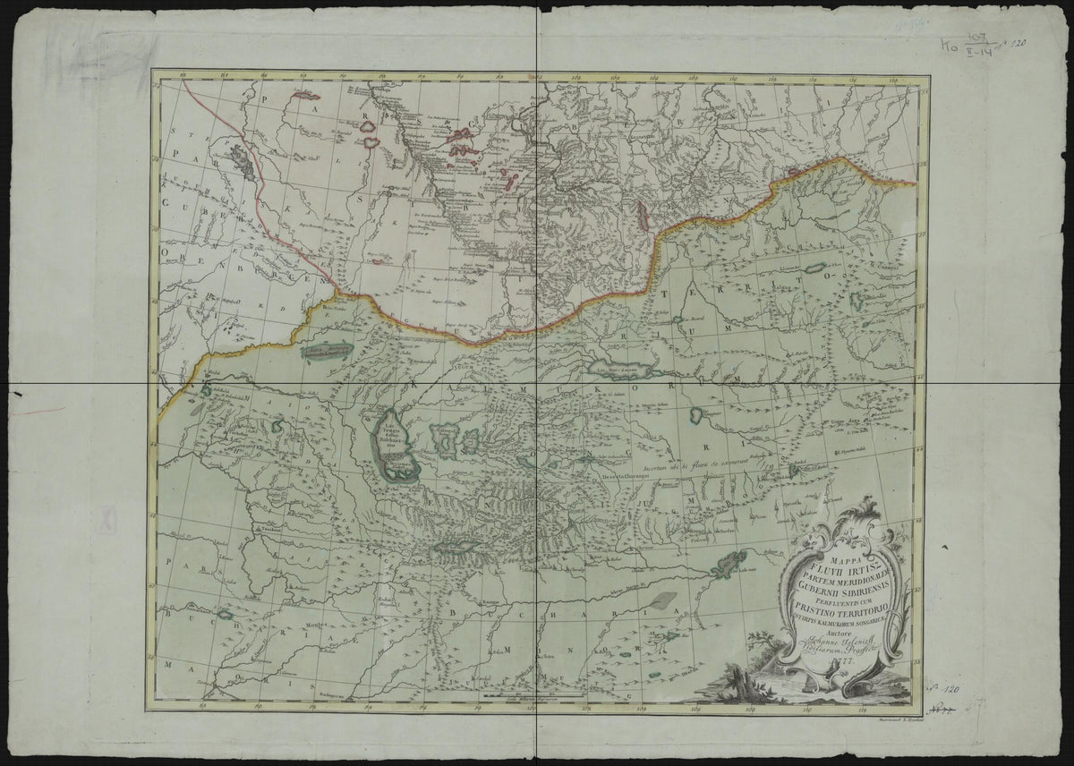 Mappa Fluvii Irtisz Partem Meridional Gubernii Sibiriensis Perfluentis Cum Pristino Territorio Stipris Kalmukorum Songaricae. Auctore Iohanne Islenieff Vigiliarum Praefecto 1777 by Relic Map Company