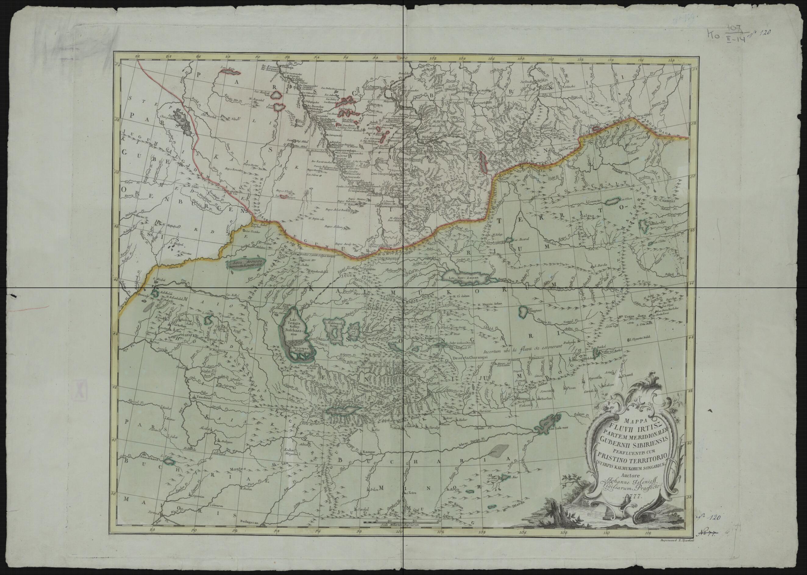 This old map of Mappa Fluvii Irtisz Partem Meridional Gubernii Sibiriensis Perfluentis Cum Pristino Territorio Stipris Kalmukorum Songaricae. Auctore Iohanne Islenieff Vigiliarum Praefecto from 1777 was created by in 1777