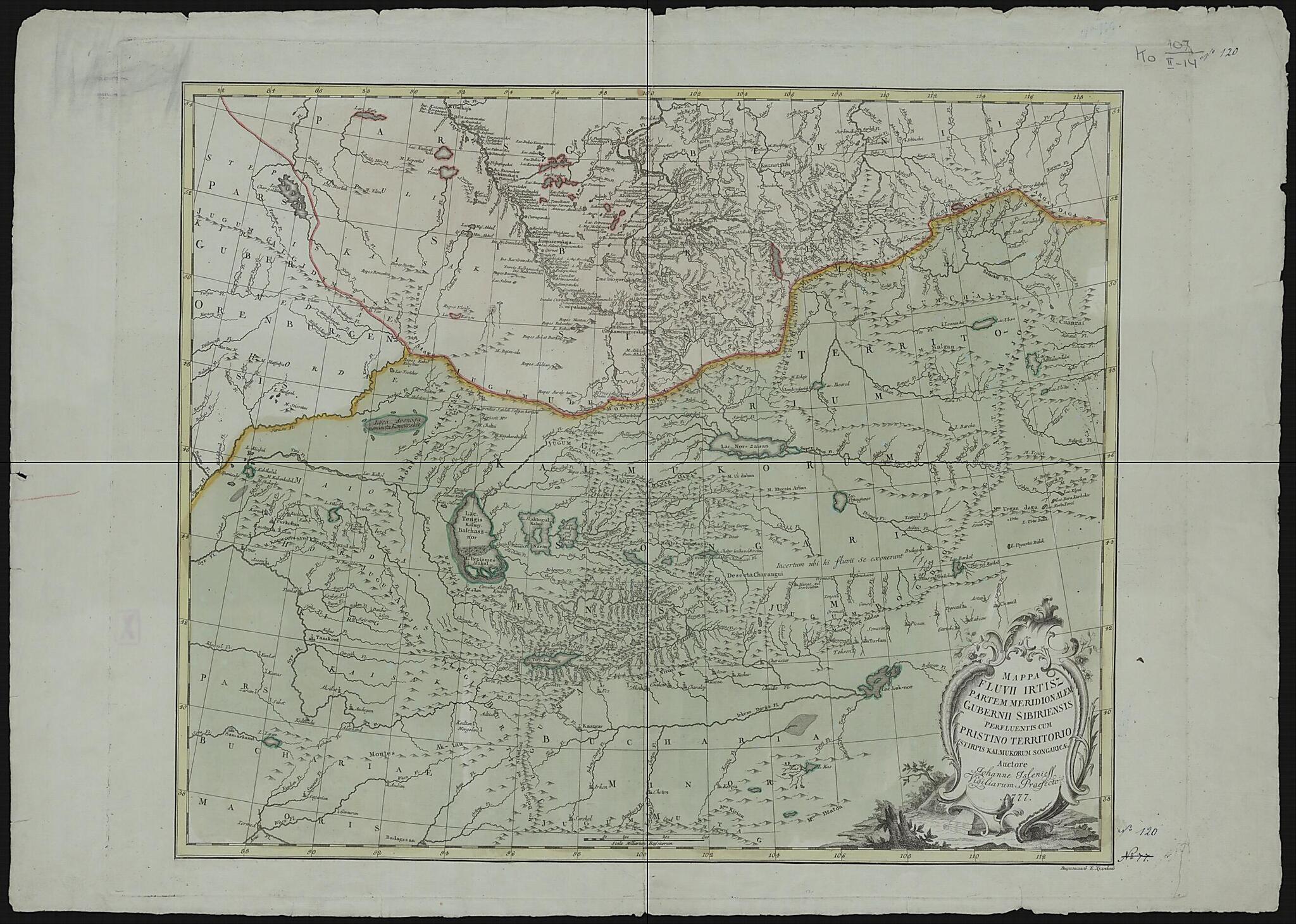 This old map of Mappa Fluvii Irtisz Partem Meridional Gubernii Sibiriensis Perfluentis Cum Pristino Territorio Stipris Kalmukorum Songaricae. Auctore Iohanne Islenieff Vigiliarum Praefecto from 1777 was created by in 1777