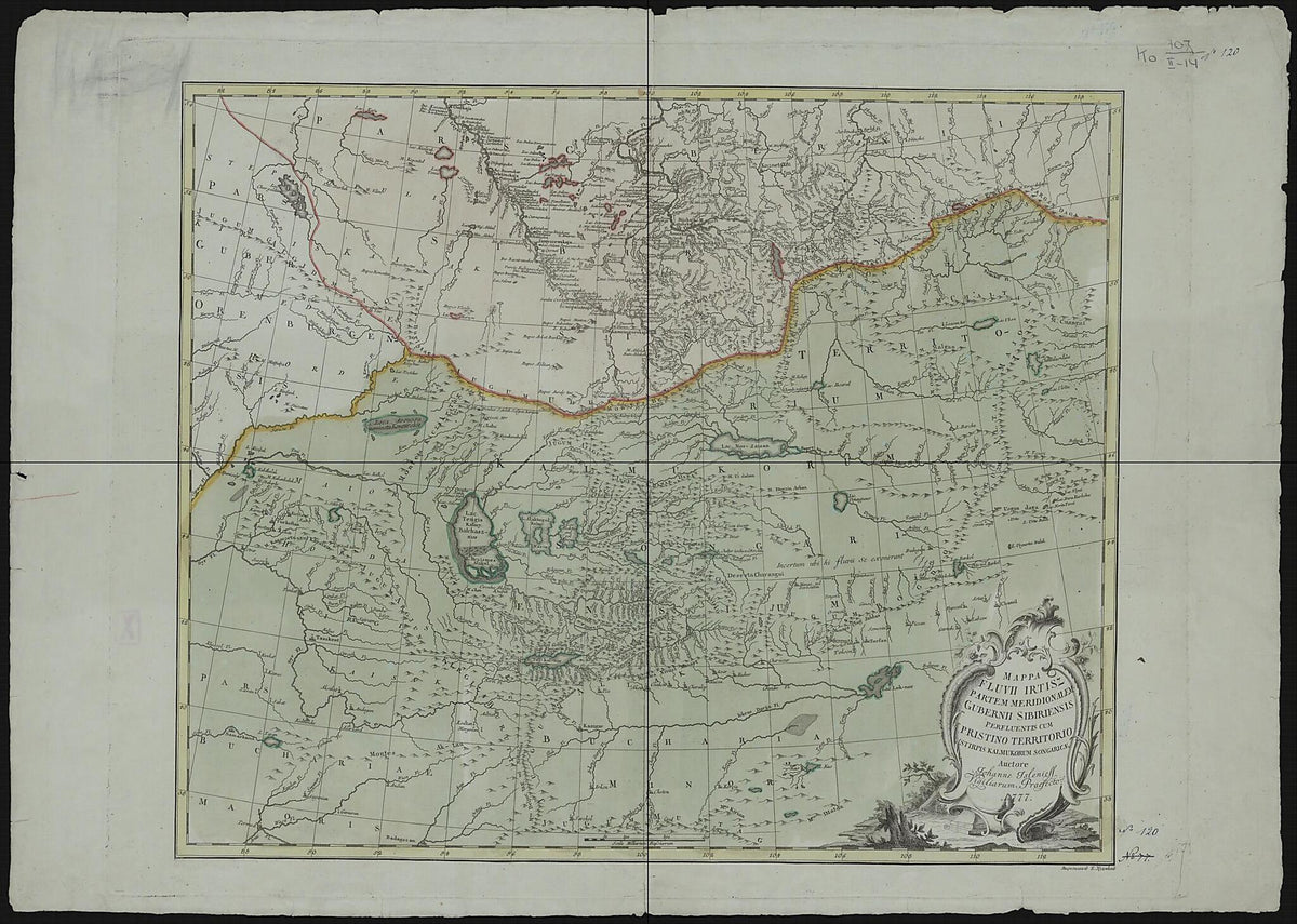 Mappa Fluvii Irtisz Partem Meridional Gubernii Sibiriensis Perfluentis Cum Pristino Territorio Stipris Kalmukorum Songaricae. Auctore Iohanne Islenieff Vigiliarum Praefecto 1777 by Relic Map Company