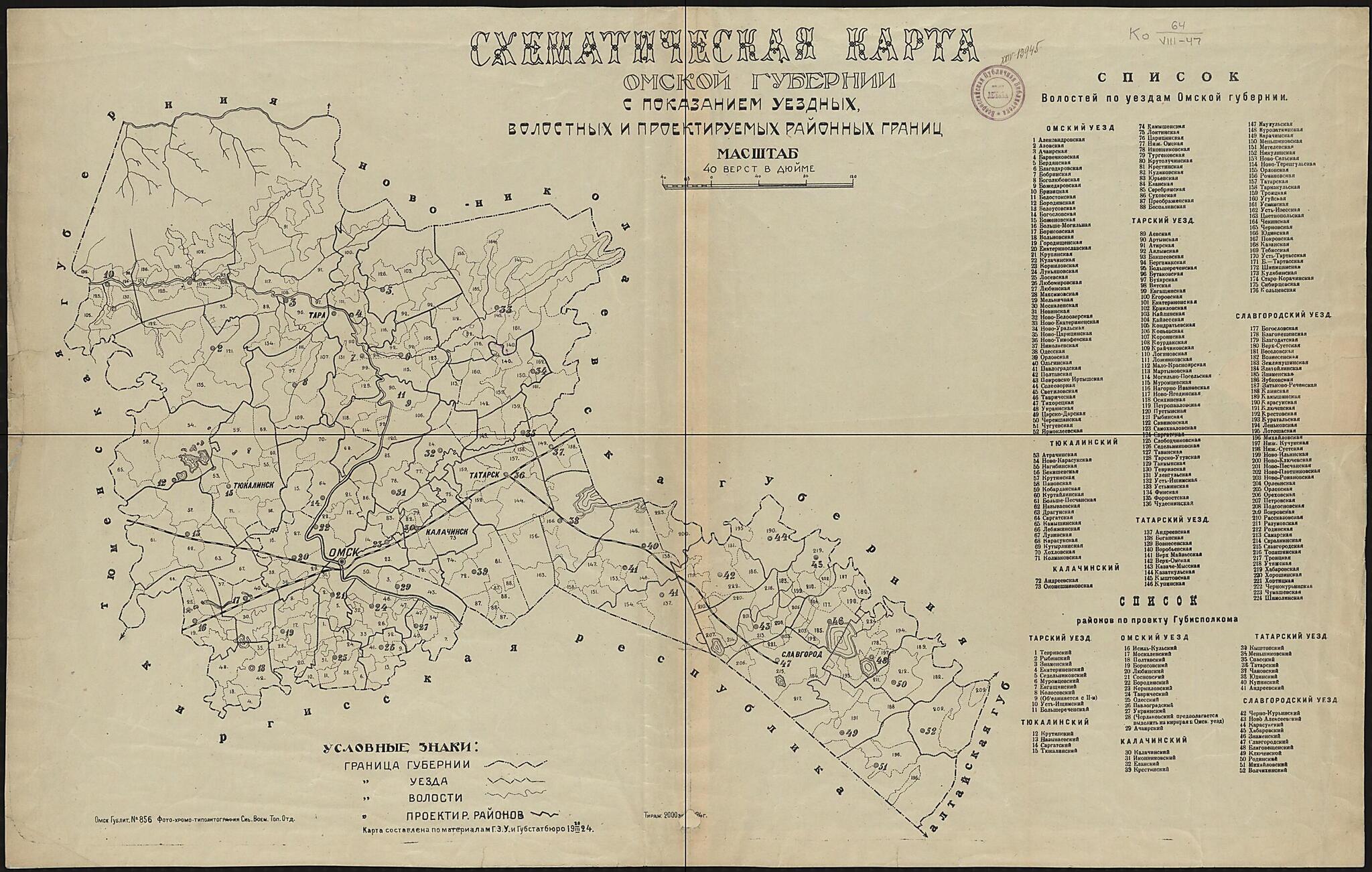 This old map of Ckhematicheskai︠a︡ Karta Omskoĭ Gubernii S Pokazaniem Uezdnykh, Volostnykh I Proektiruemykh Raĭonnykh Granit︠s︡. (Cхематическая карта Омской губернии с показанием уездных, вол�