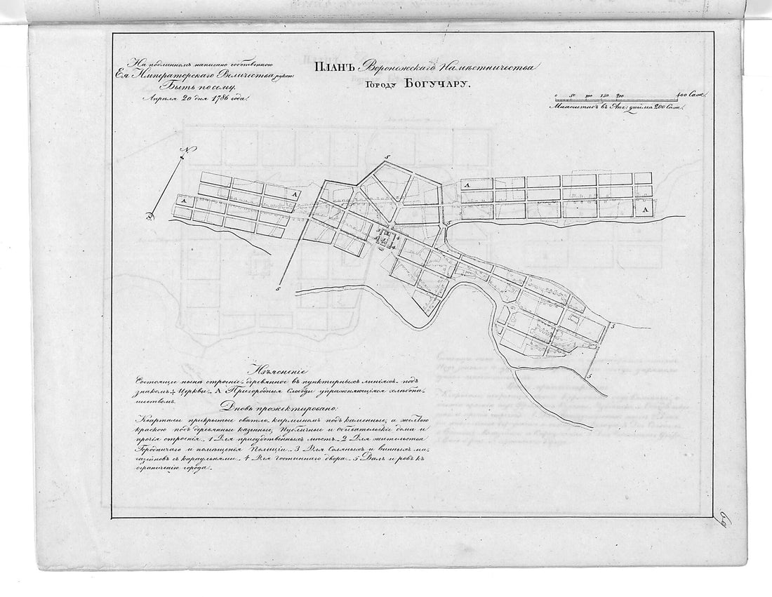 This old map of Plan Voronezhskogo Namestnichestva Gorodu Bogucharu. (План Воронежского наместничества городу Богучару.) from 1859 was created by in 1859